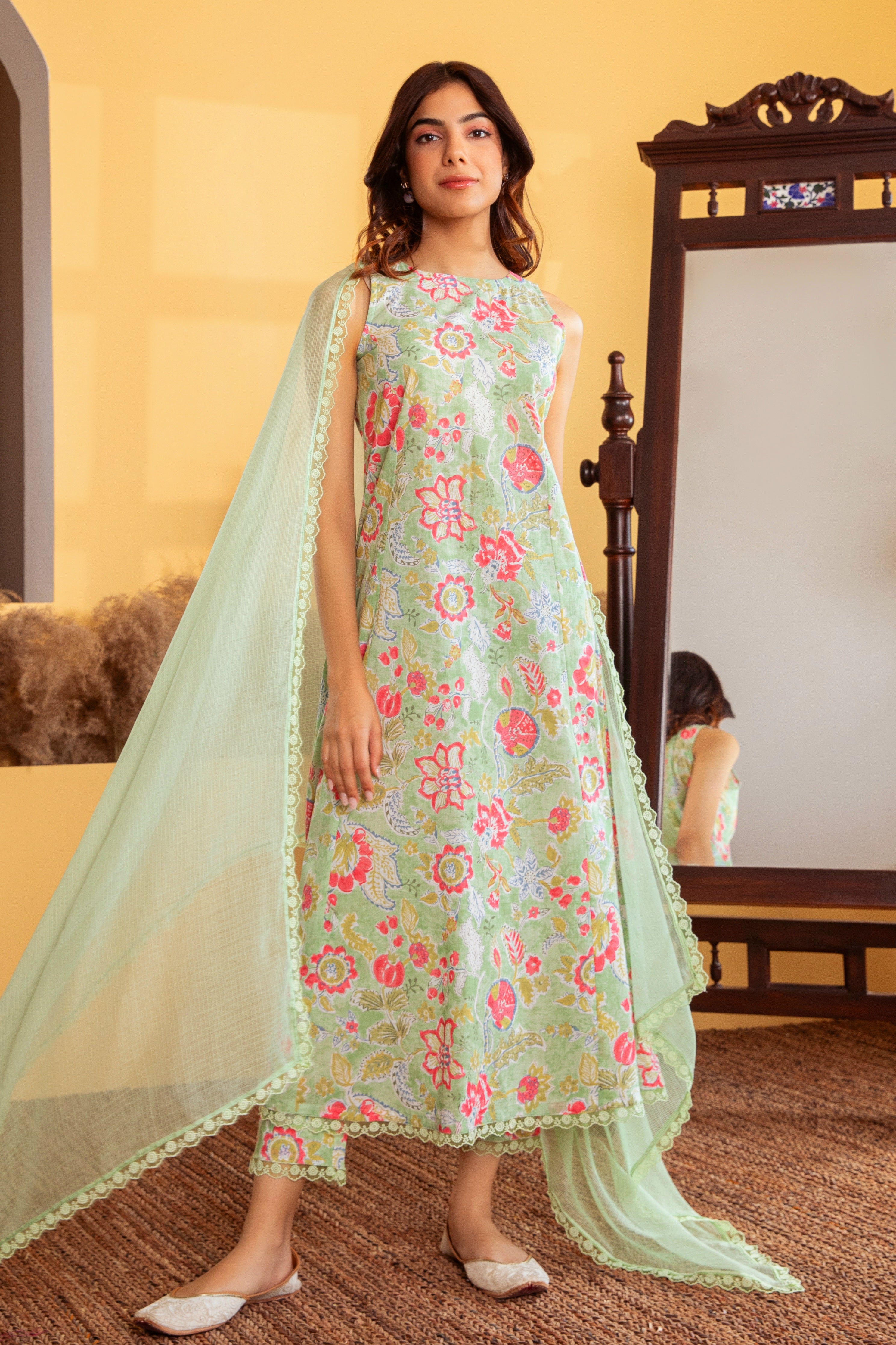 Pastel Green Cotton Floral Printed & Lace Work Straight Suit main image 0