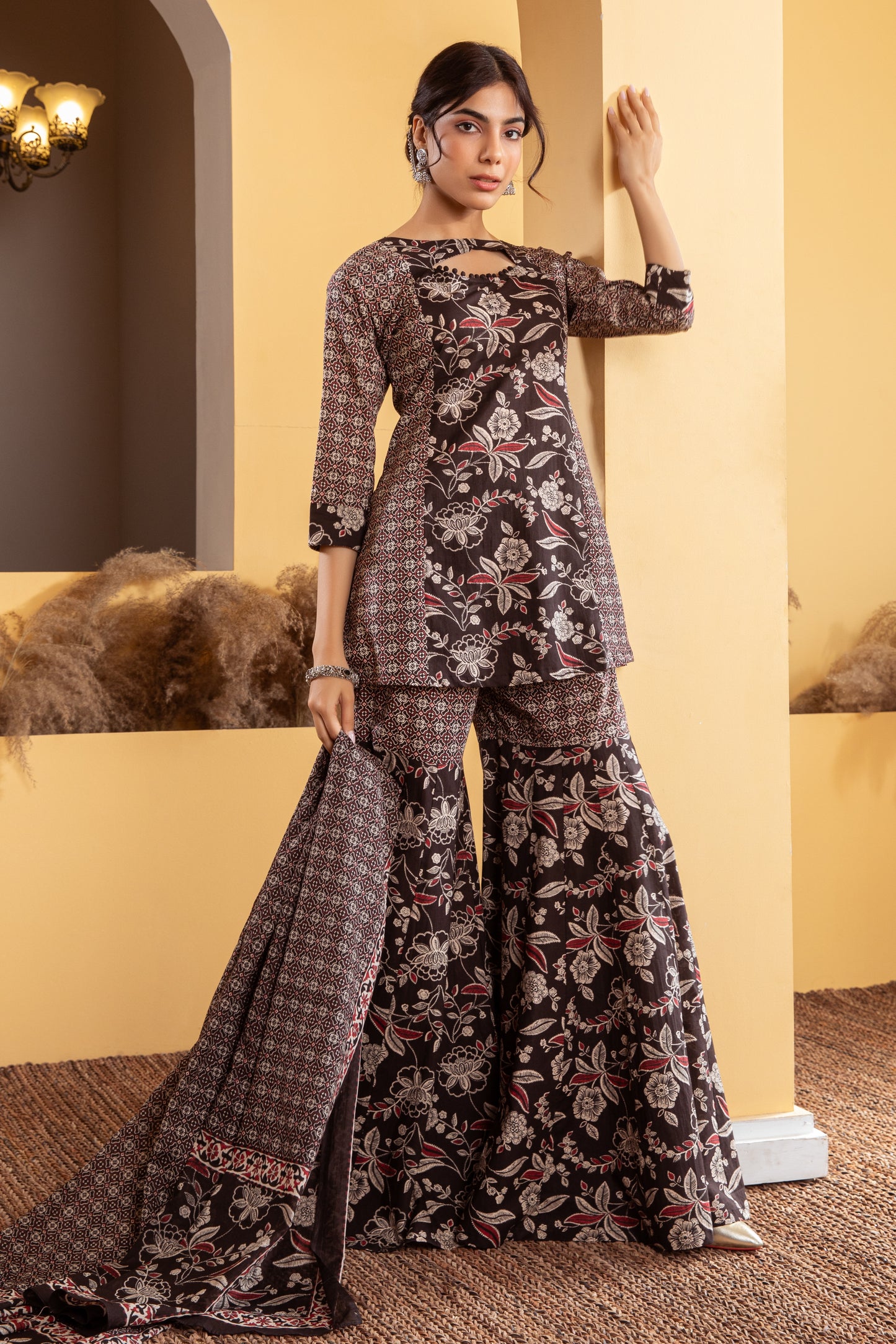 Black Cotton Printed Gharara Set (Set of 3)