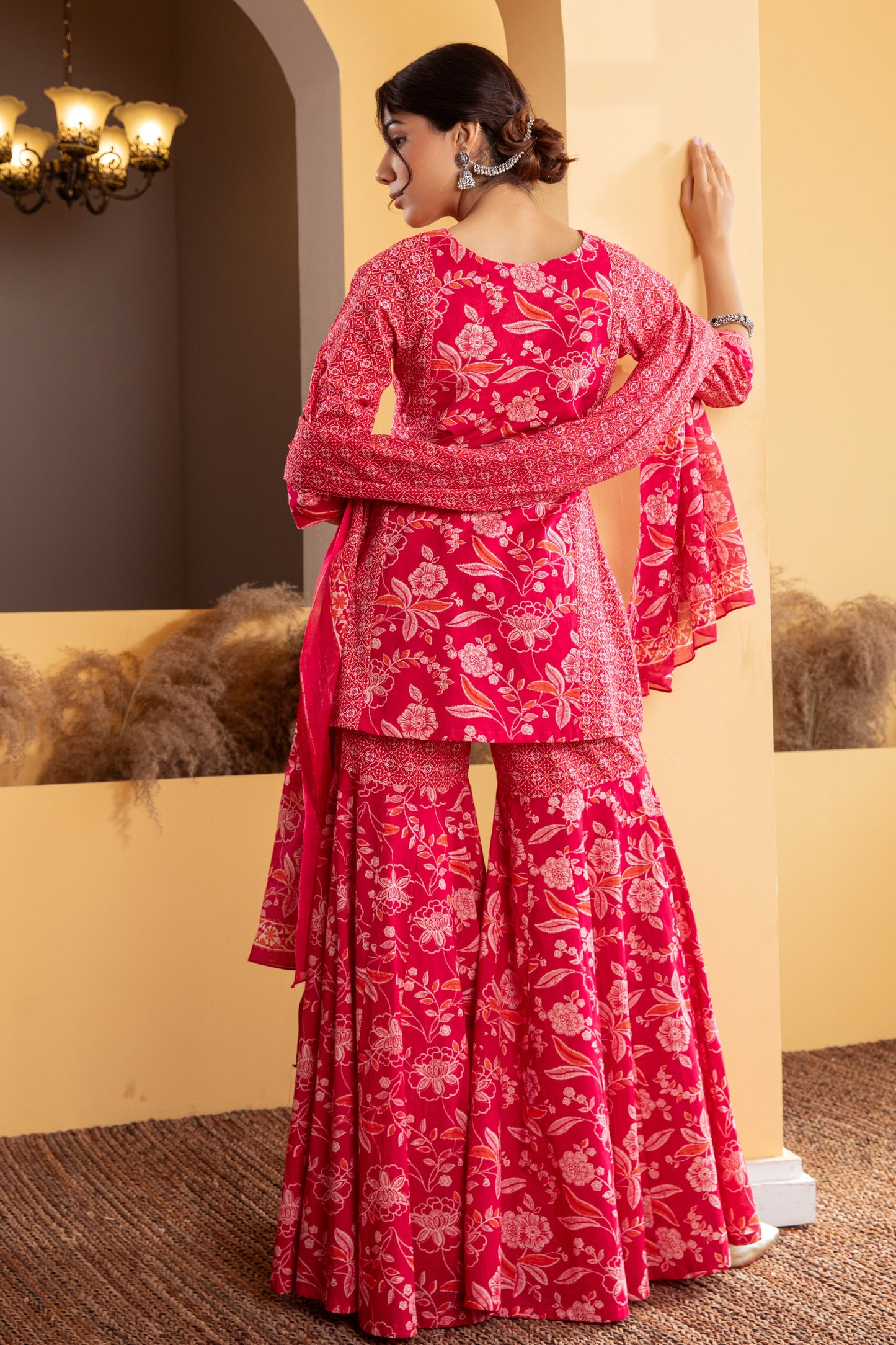 Pink Cotton Printed Gharara Set (Set of 3)