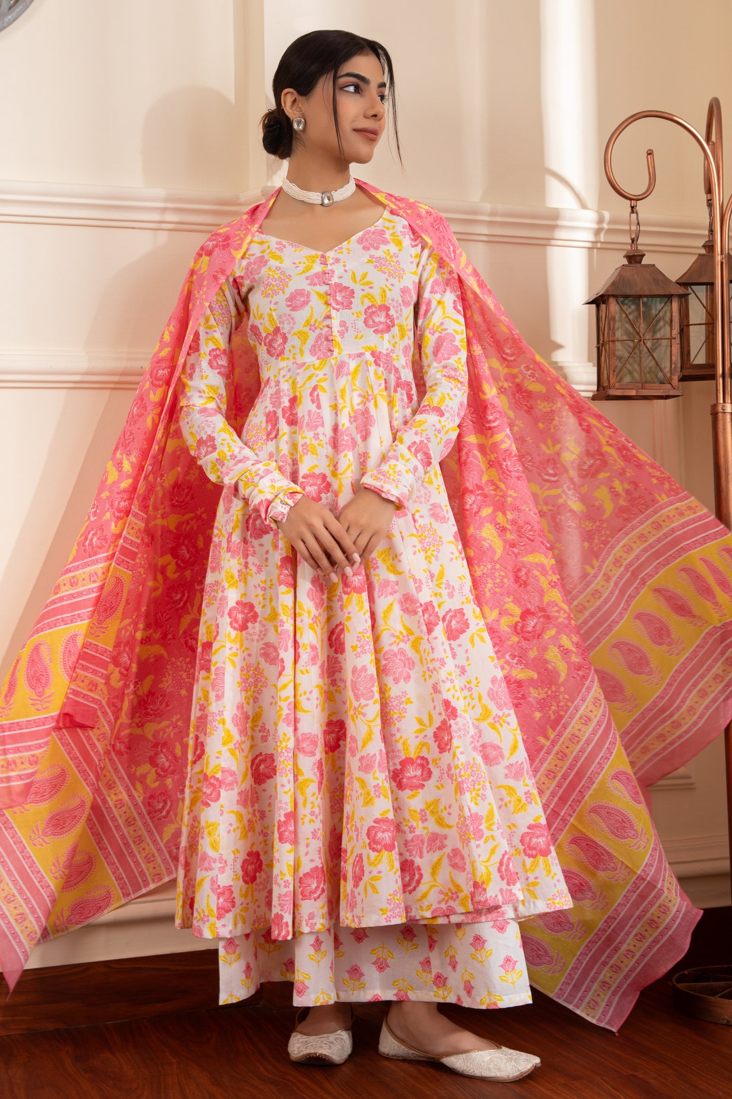 White & Pink Cotton Anarkali Suit (Set of 3)