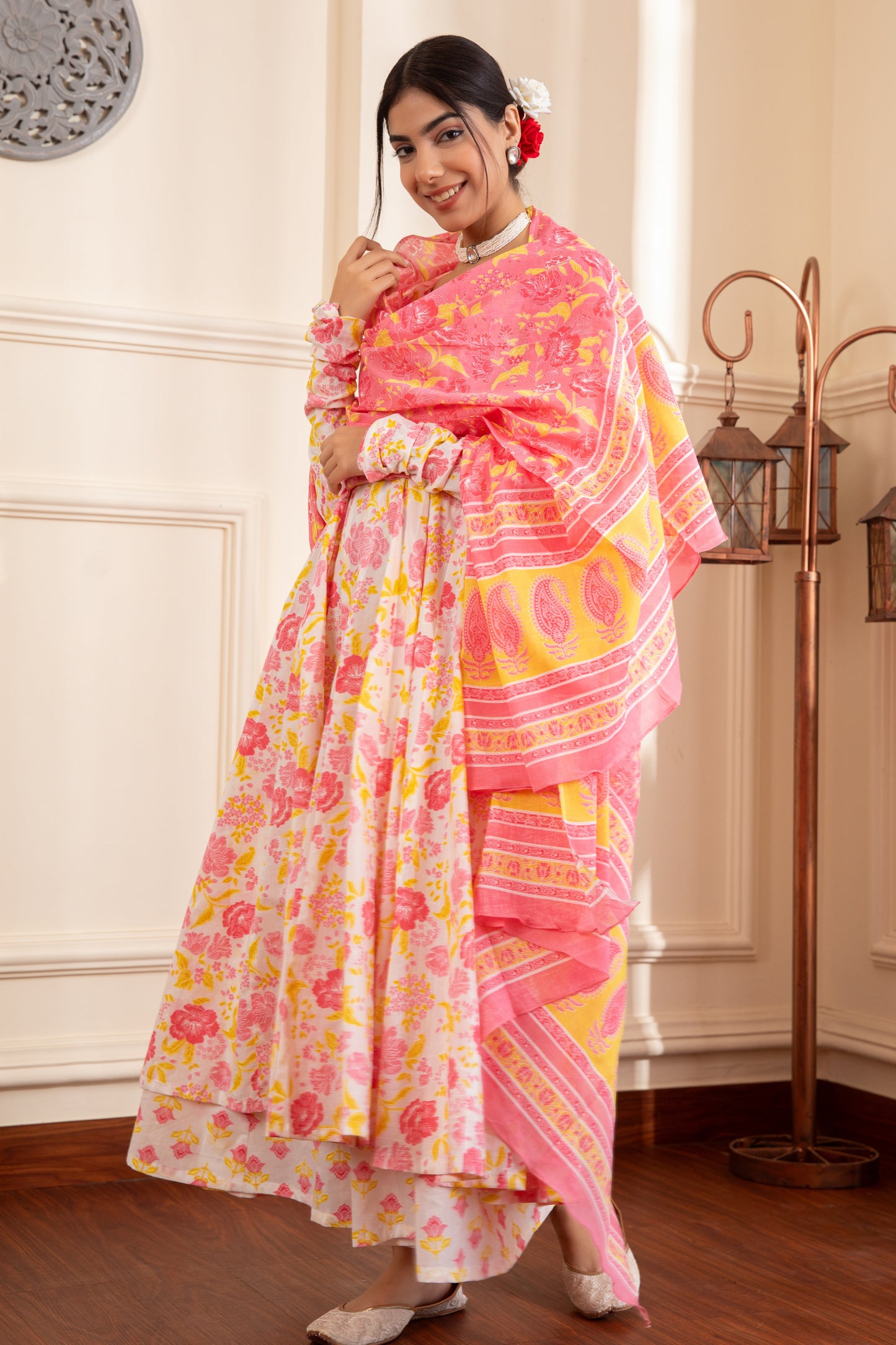 White & Pink Cotton Anarkali Suit (Set of 3)