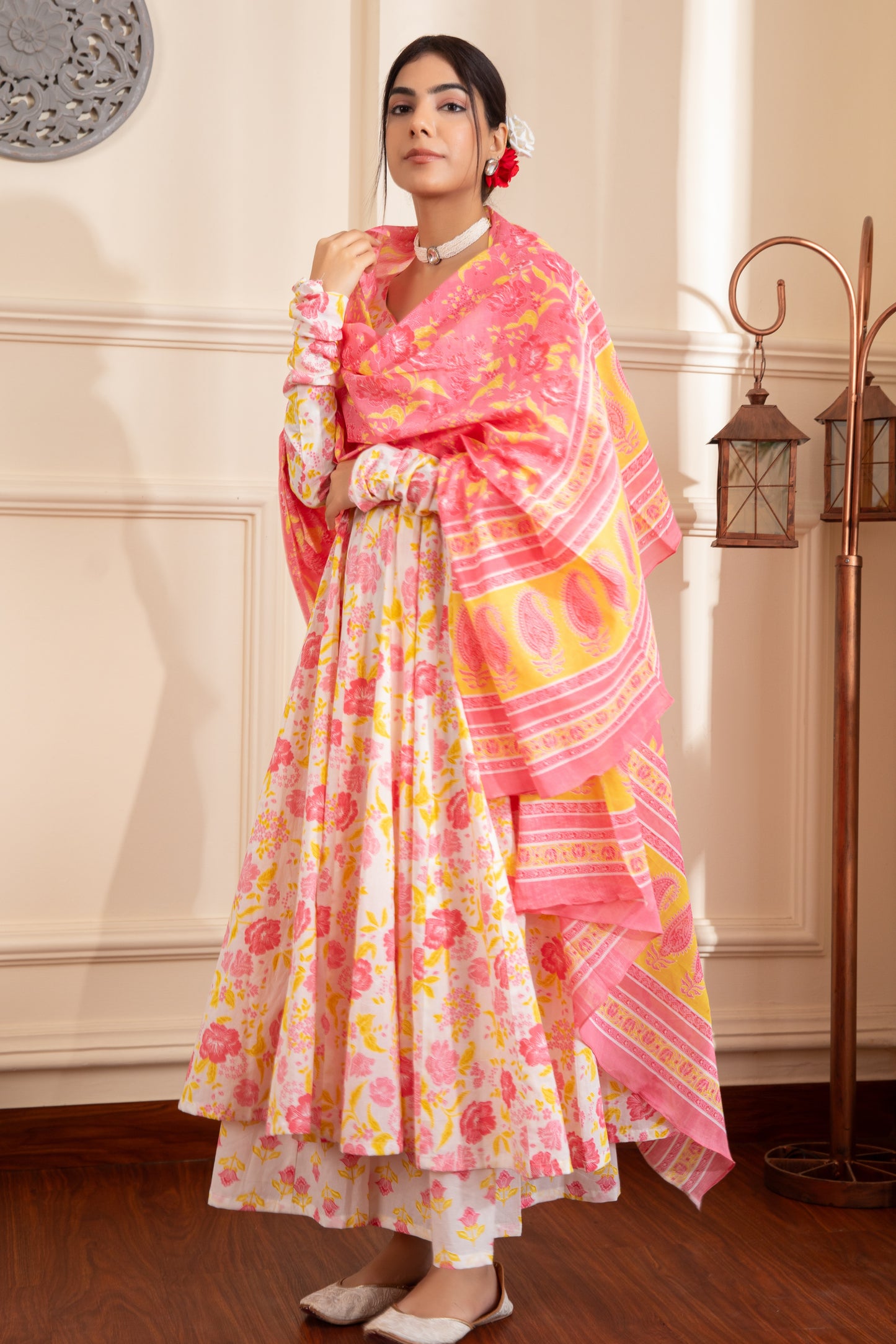 White & Pink Cotton Anarkali Suit (Set of 3)