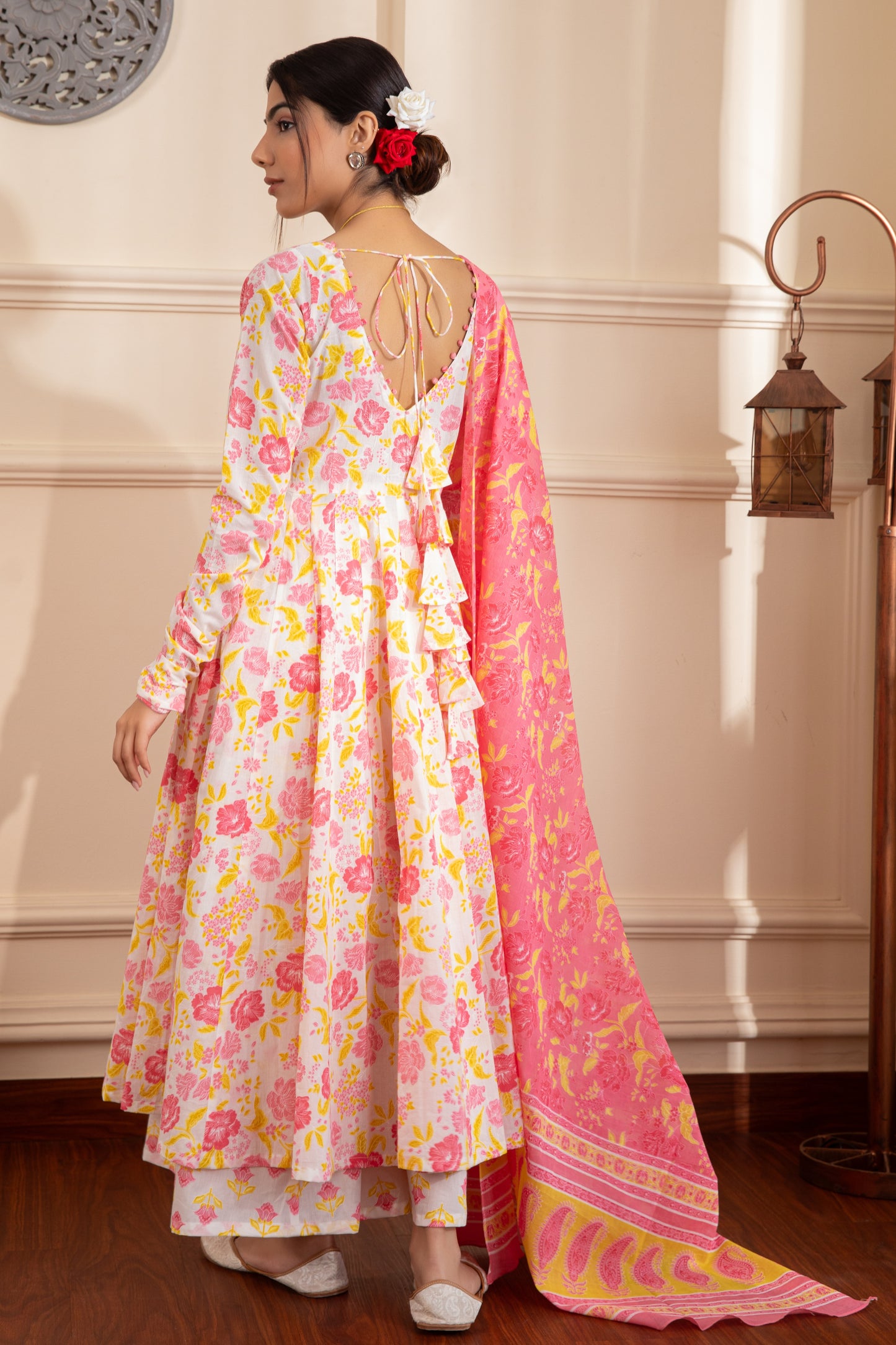 White & Pink Cotton Anarkali Suit (Set of 3)