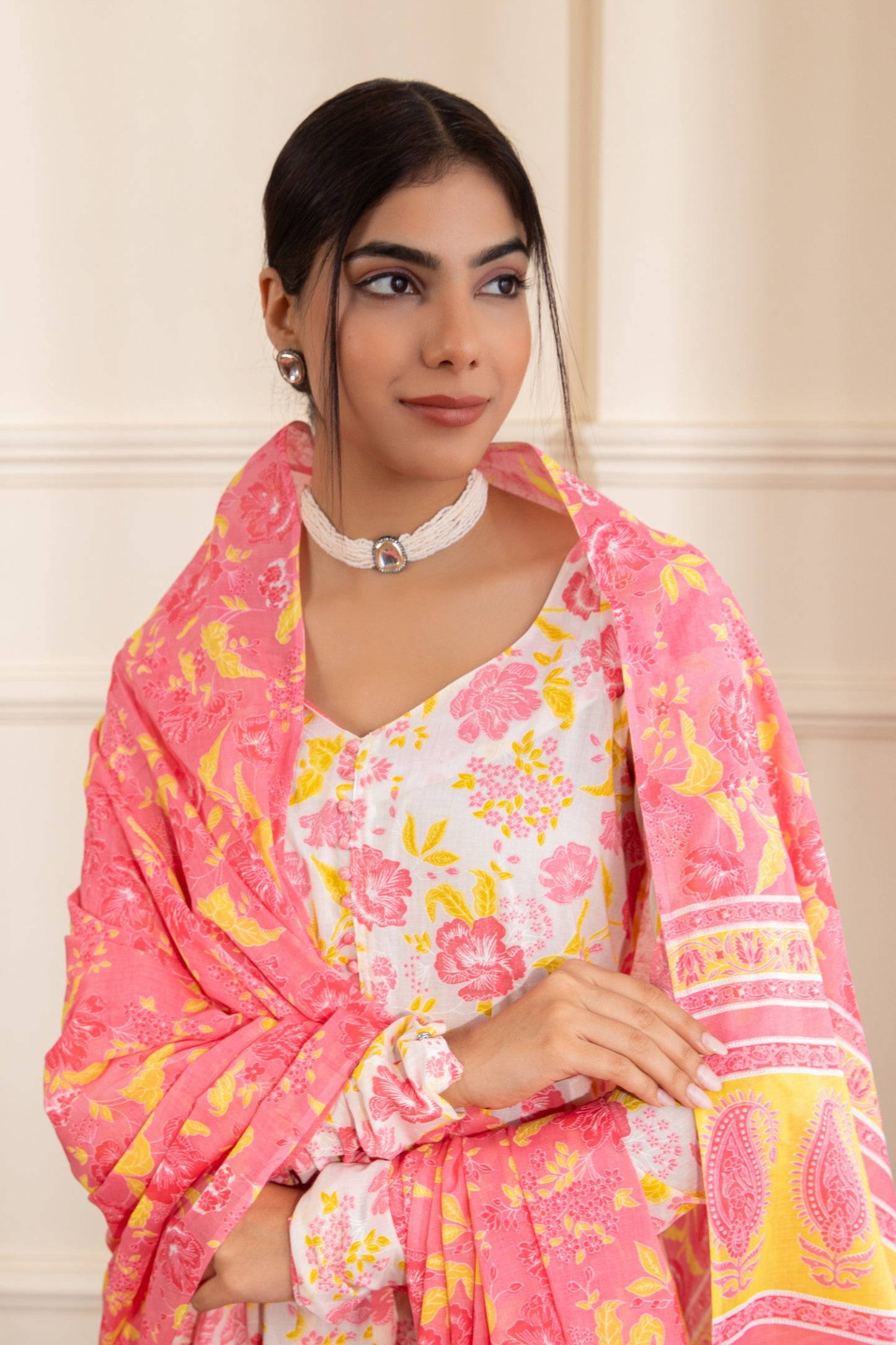White & Pink Cotton Anarkali Suit (Set of 3)