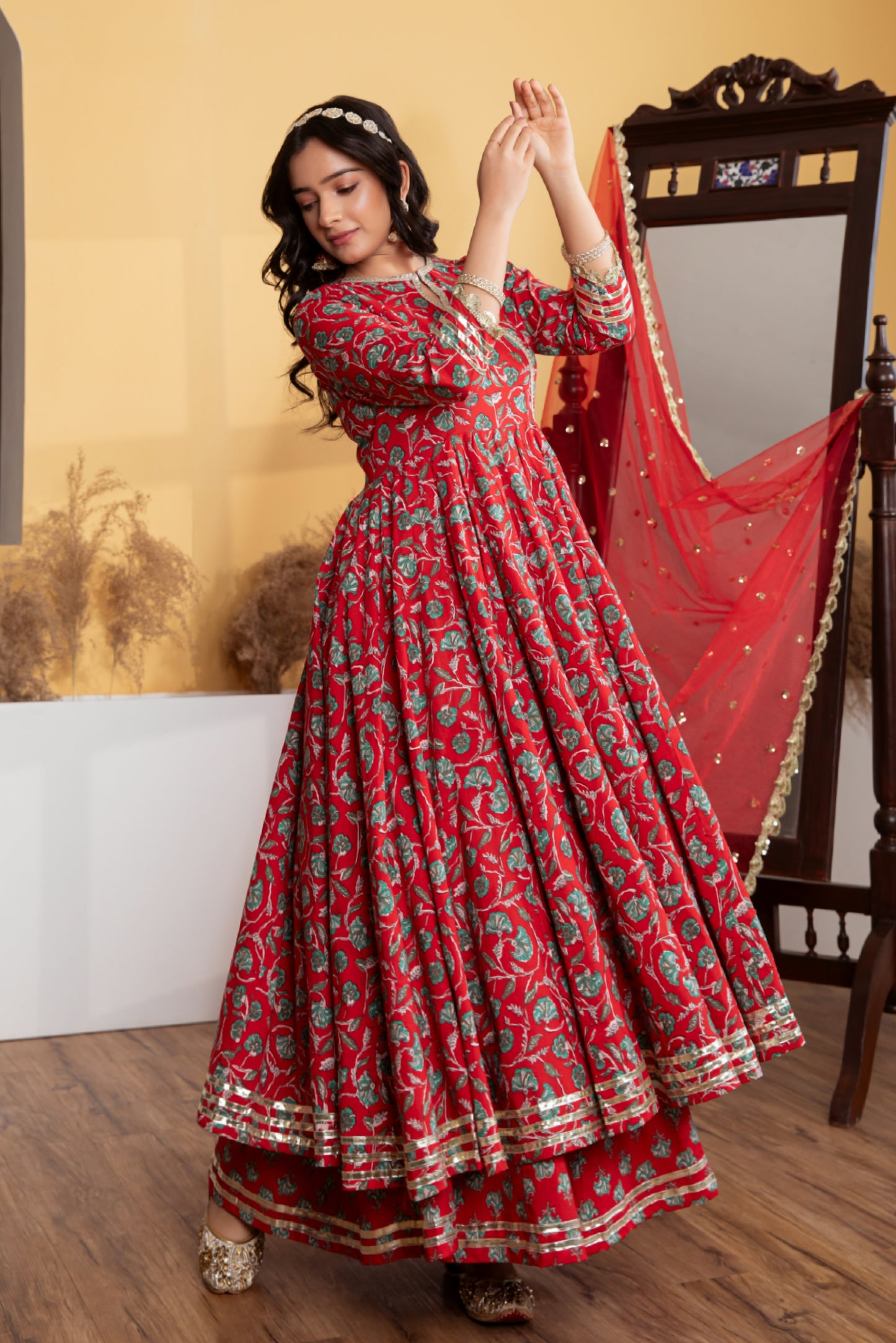 Red Angrakha Cotton Printed Suit (Set of 3)