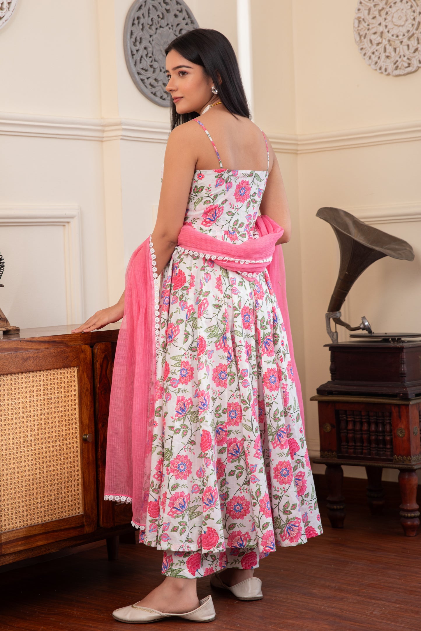 Pink & White Noodle Strap Cotton Anarkali Suit Set (Set of 3)