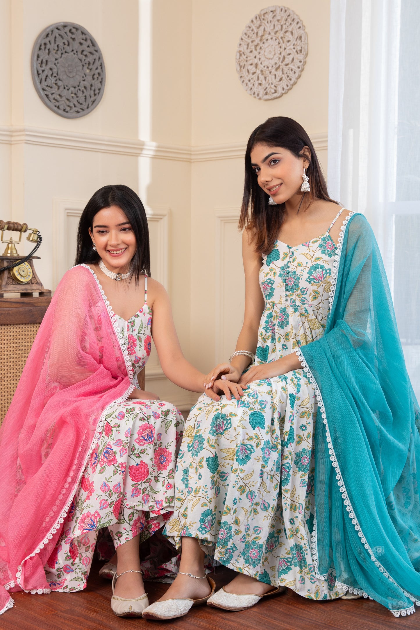 Pink & White Noodle Strap Cotton Anarkali Suit Set (Set of 3)