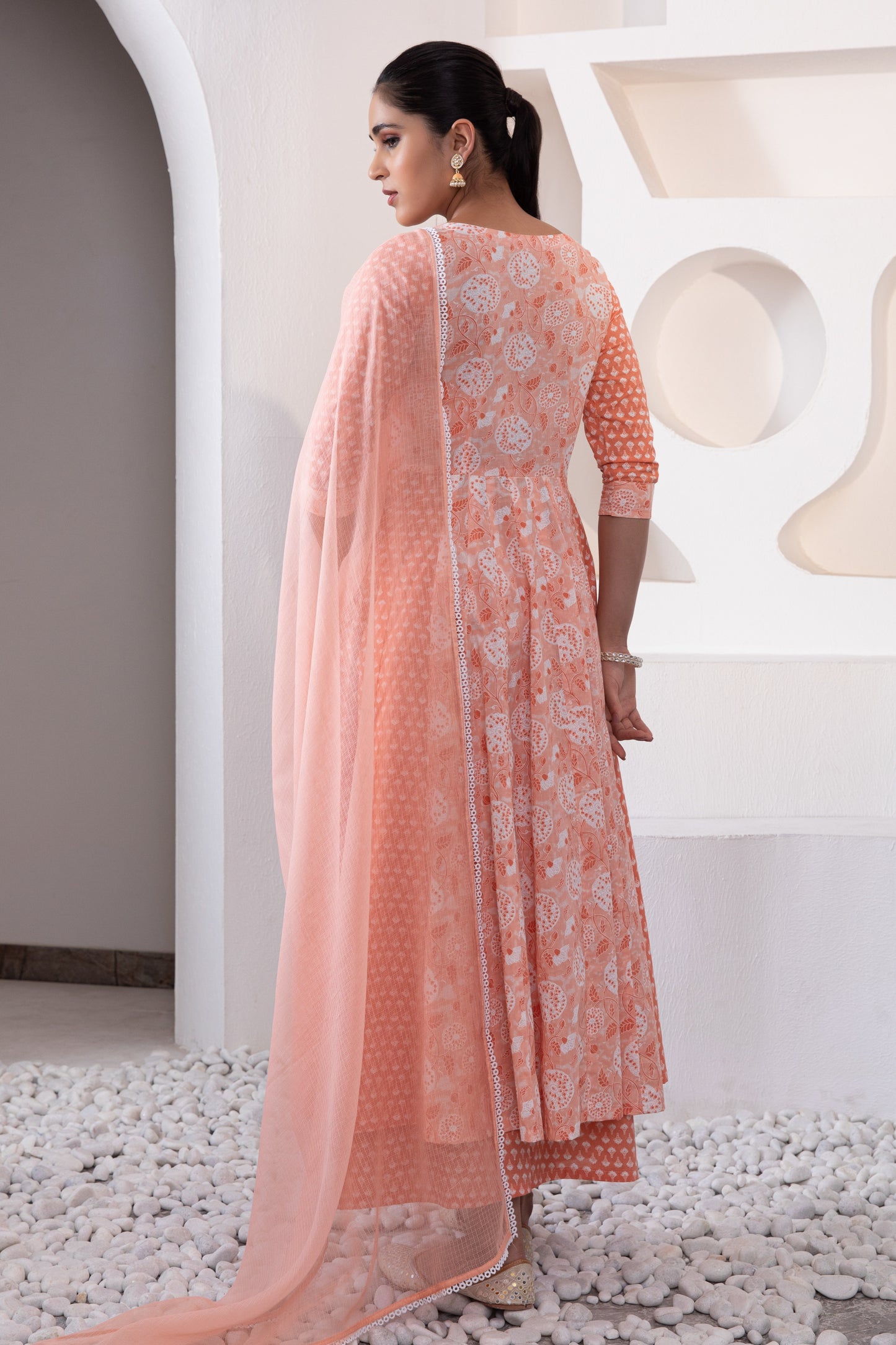 Pastel Orange Cotton Suit with Potli Button Detailing (Set of 3)