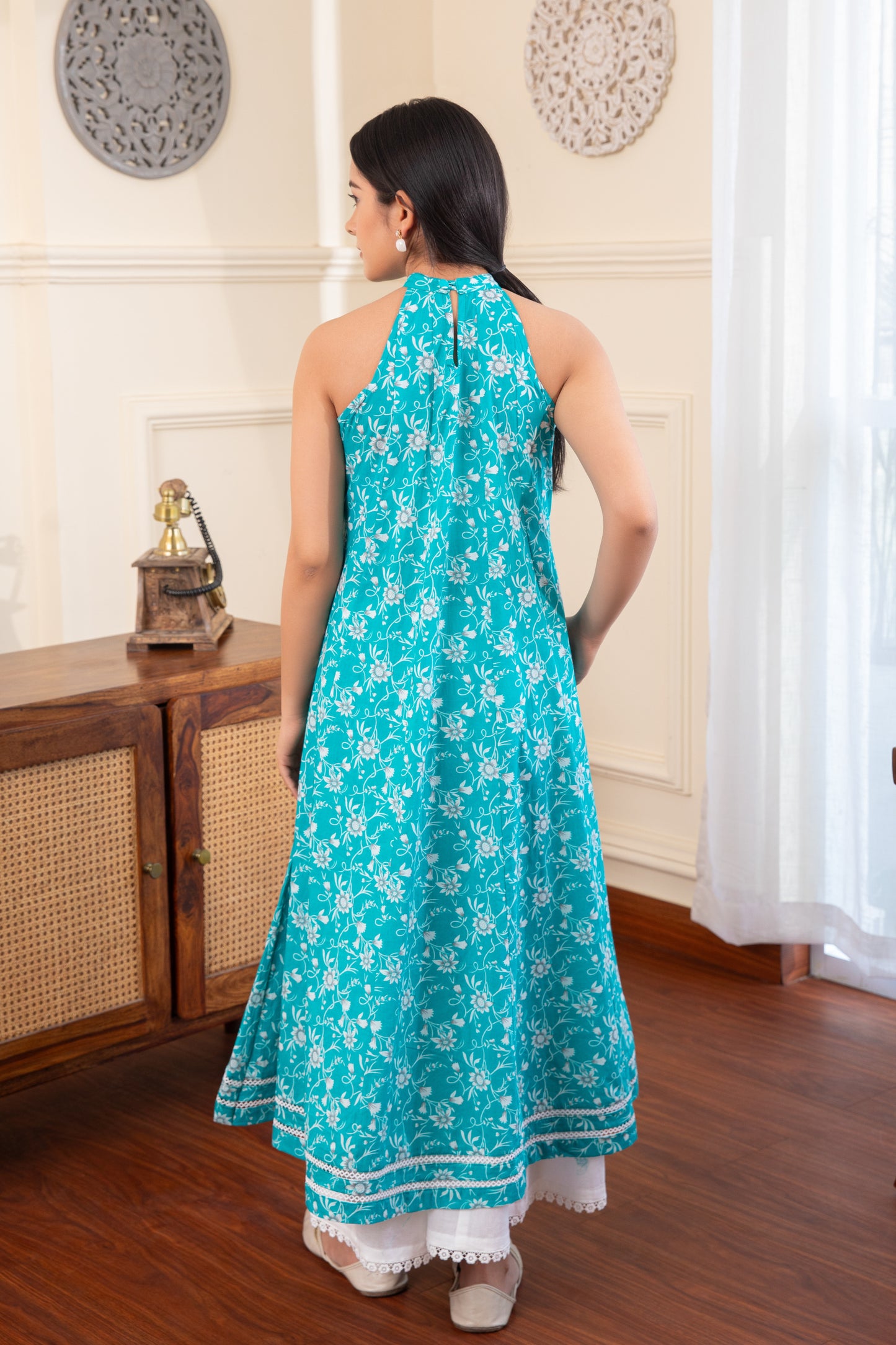 Halter Neck Blue Cotton Kurta with Palazzo (Set of 2)