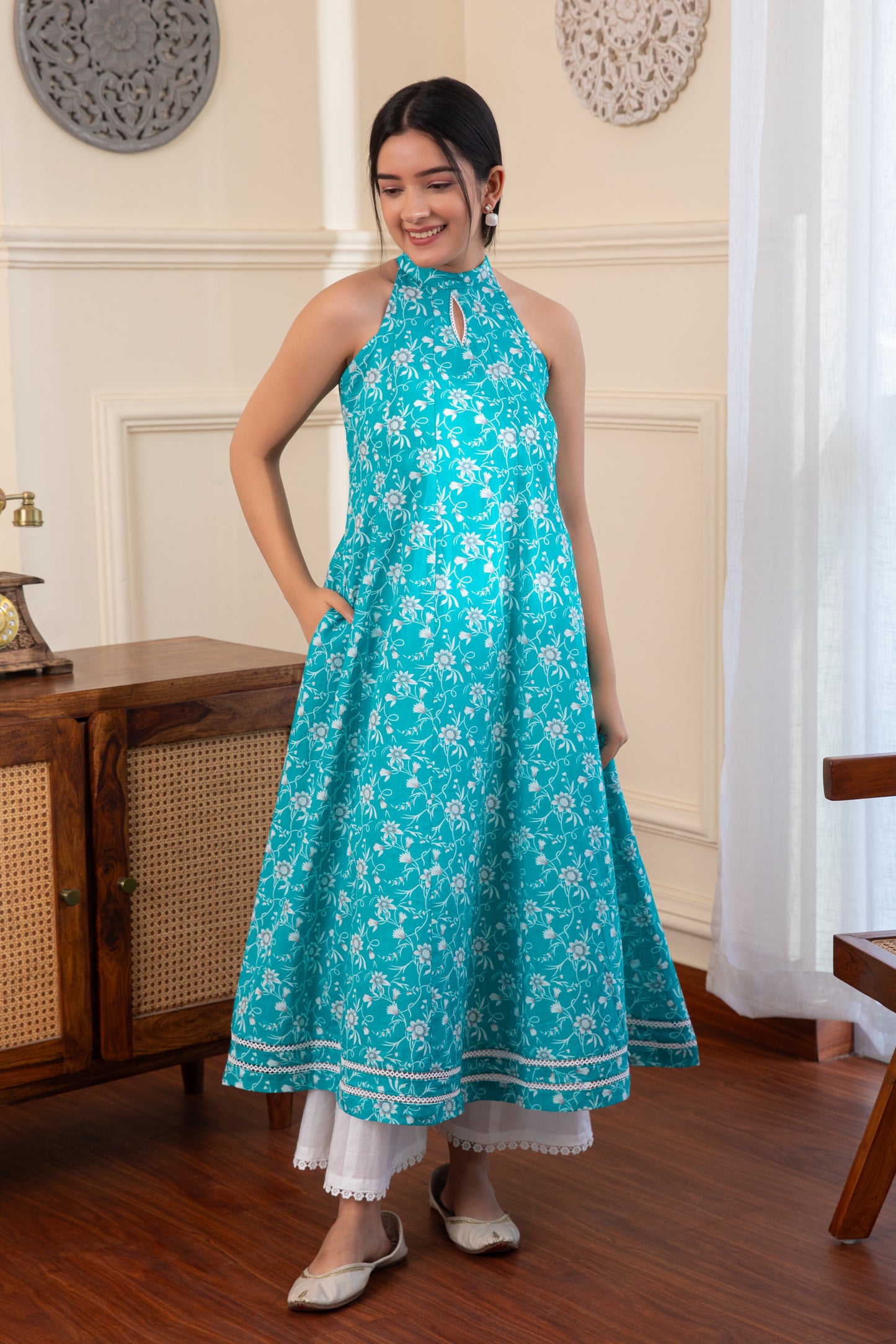 Halter Neck Blue Cotton Kurta with Palazzo (Set of 2)