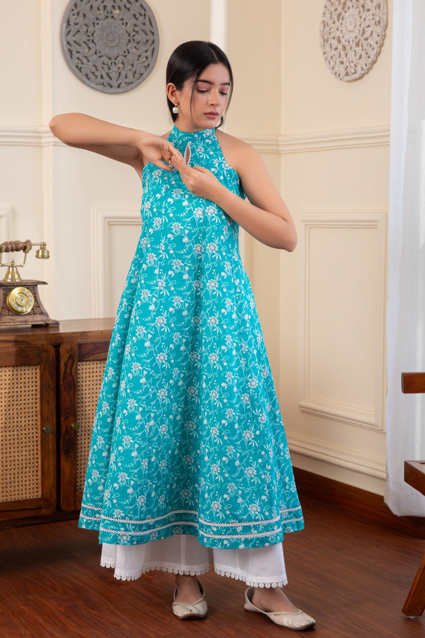 Halter Neck Blue Cotton Kurta with Palazzo (Set of 2)