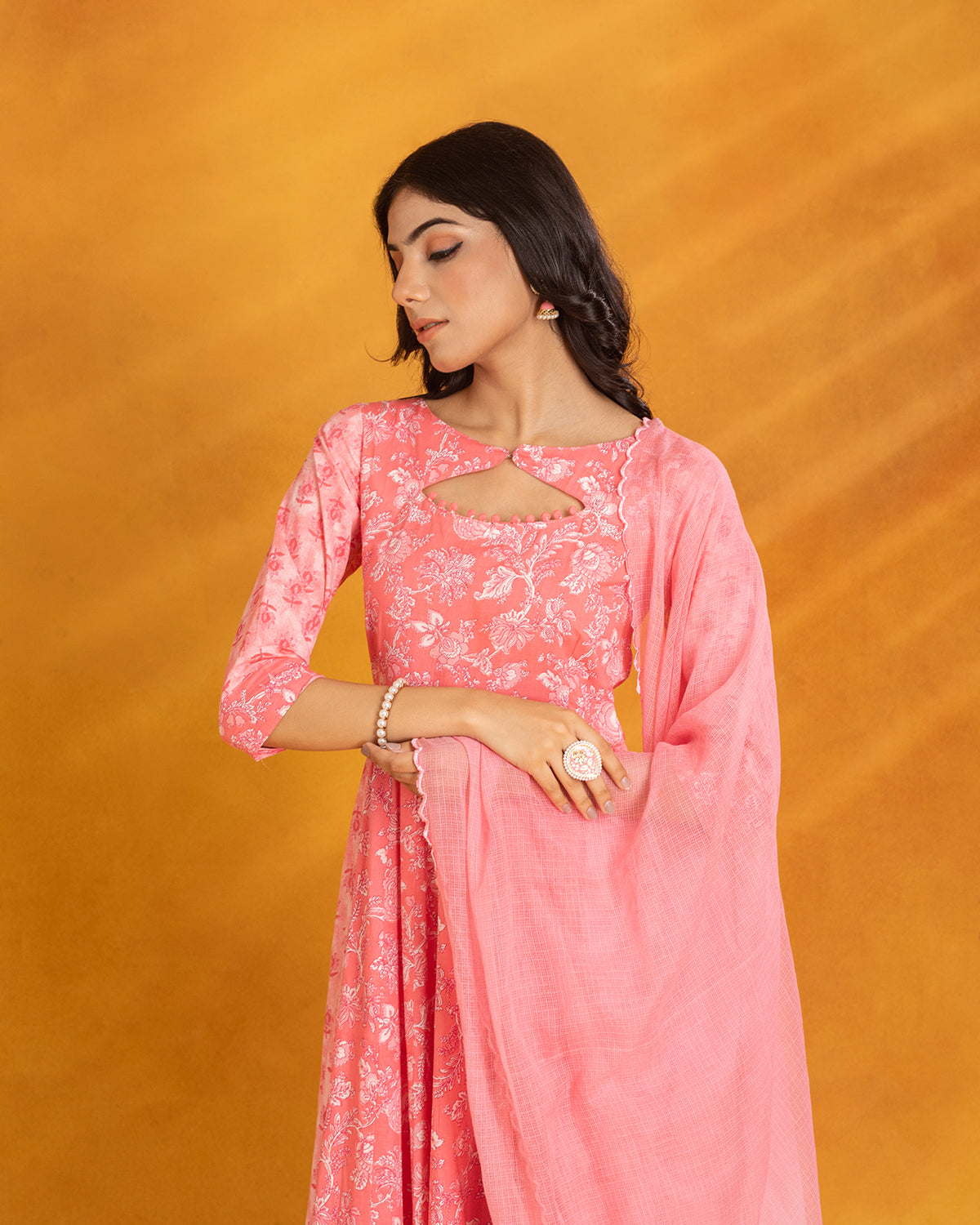 Pink Cotton Suit with Potli Button Detailing (Set of 3)