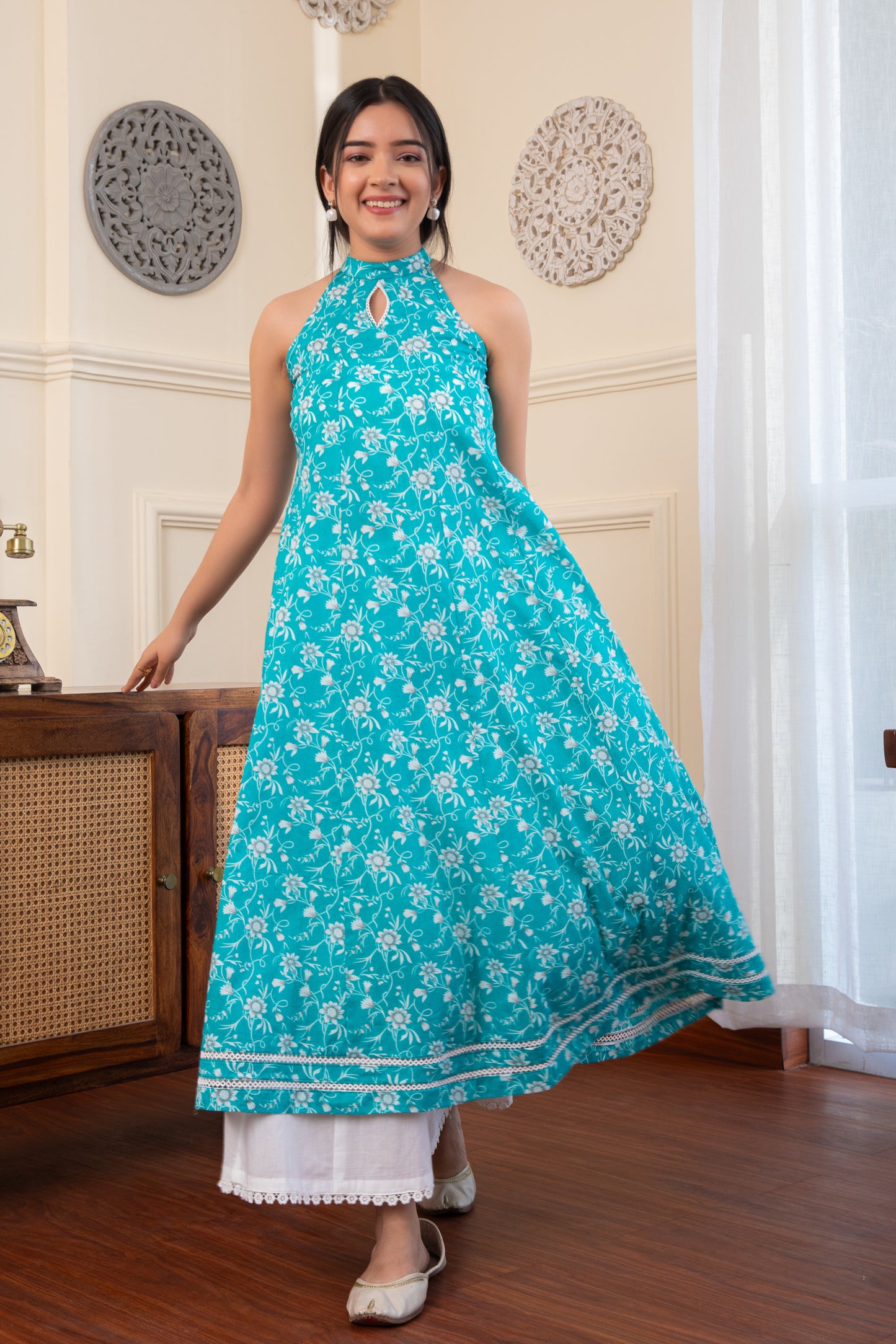 Halter Neck Blue Cotton Kurta with Palazzo (Set of 2)