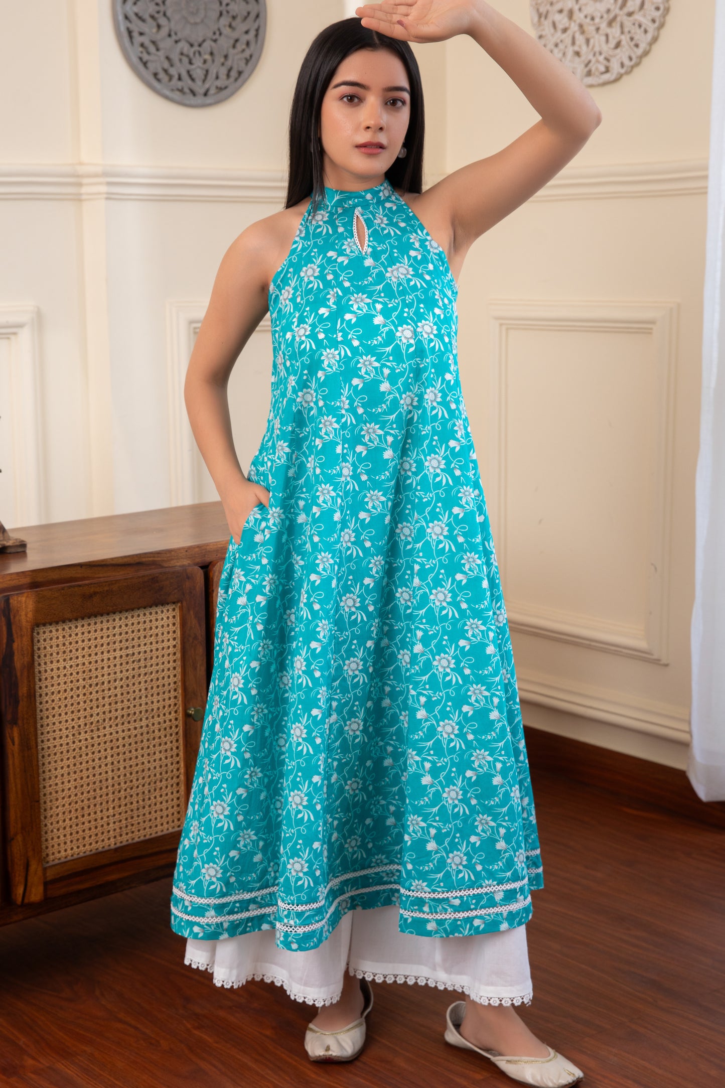 Halter Neck Blue Cotton Kurta with Palazzo (Set of 2)