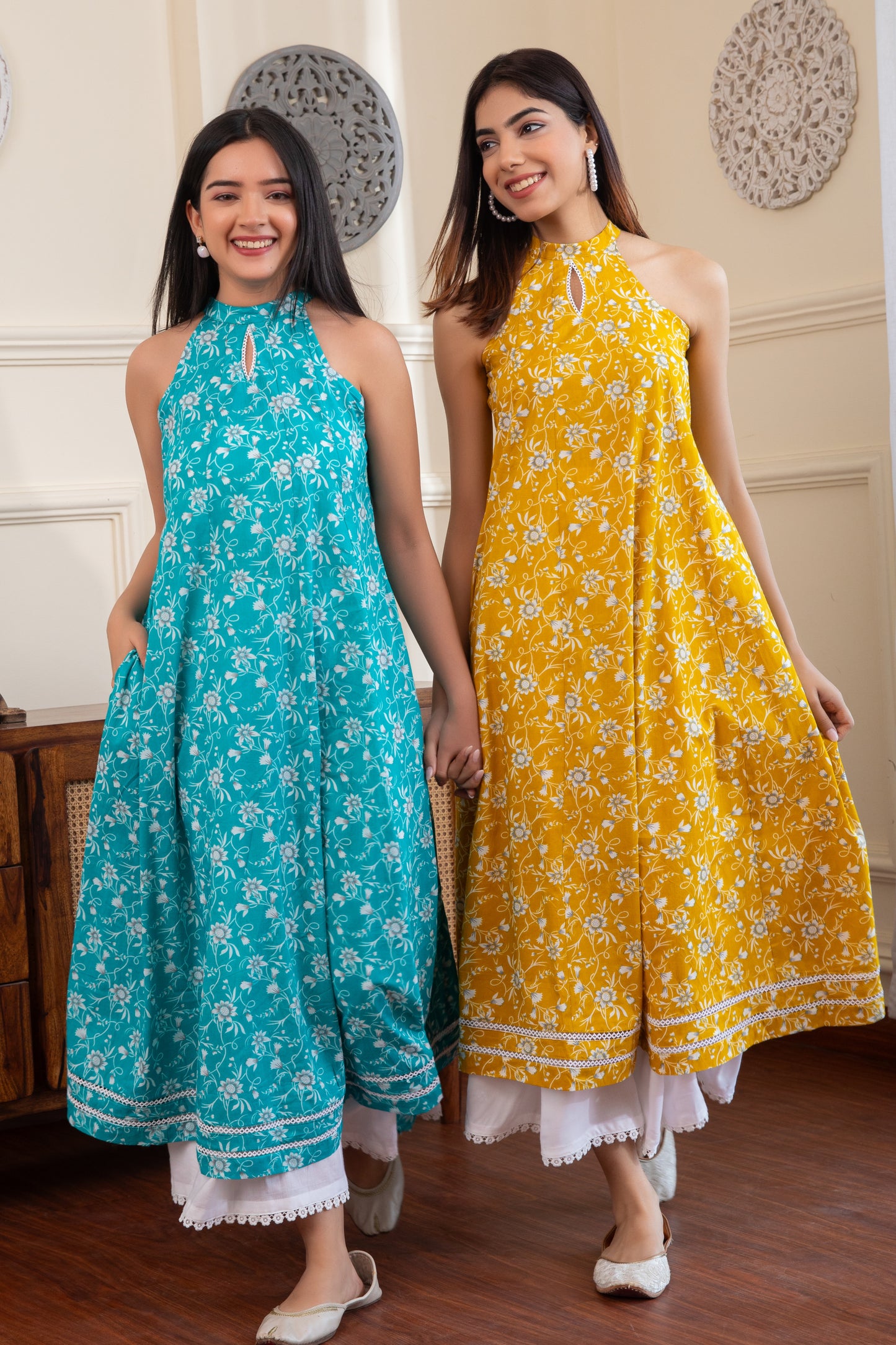 Halter Neck Blue Cotton Kurta with Palazzo (Set of 2)