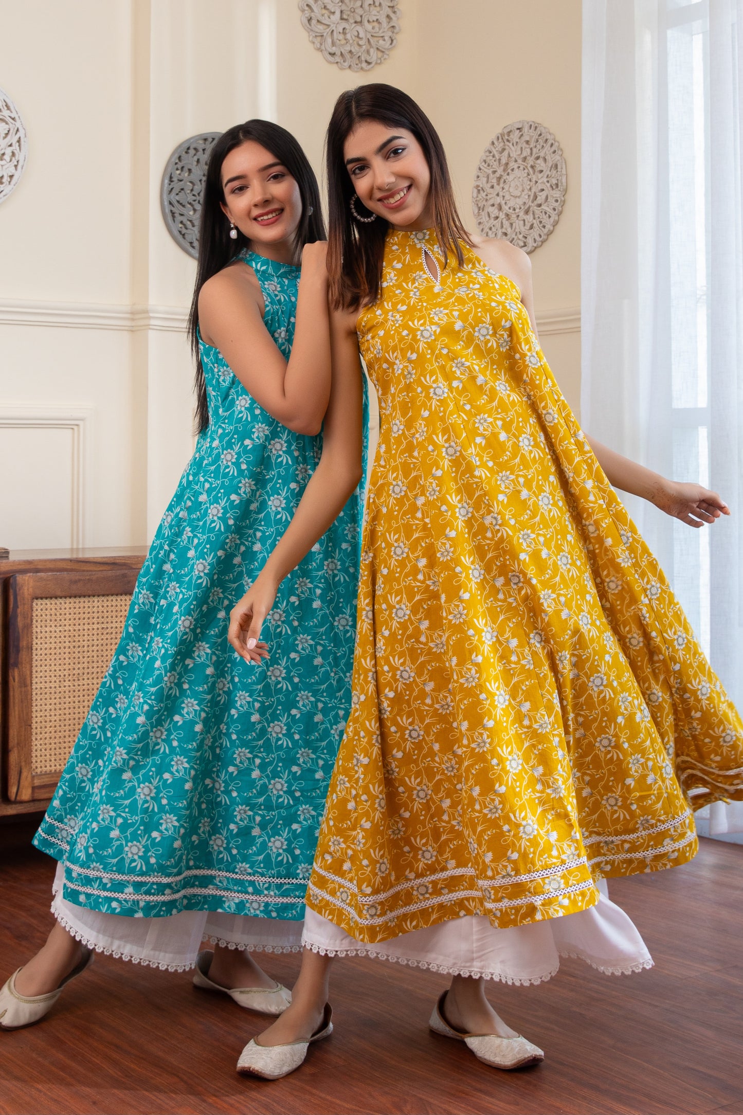 Halter Neck Blue Cotton Kurta with Palazzo (Set of 2)