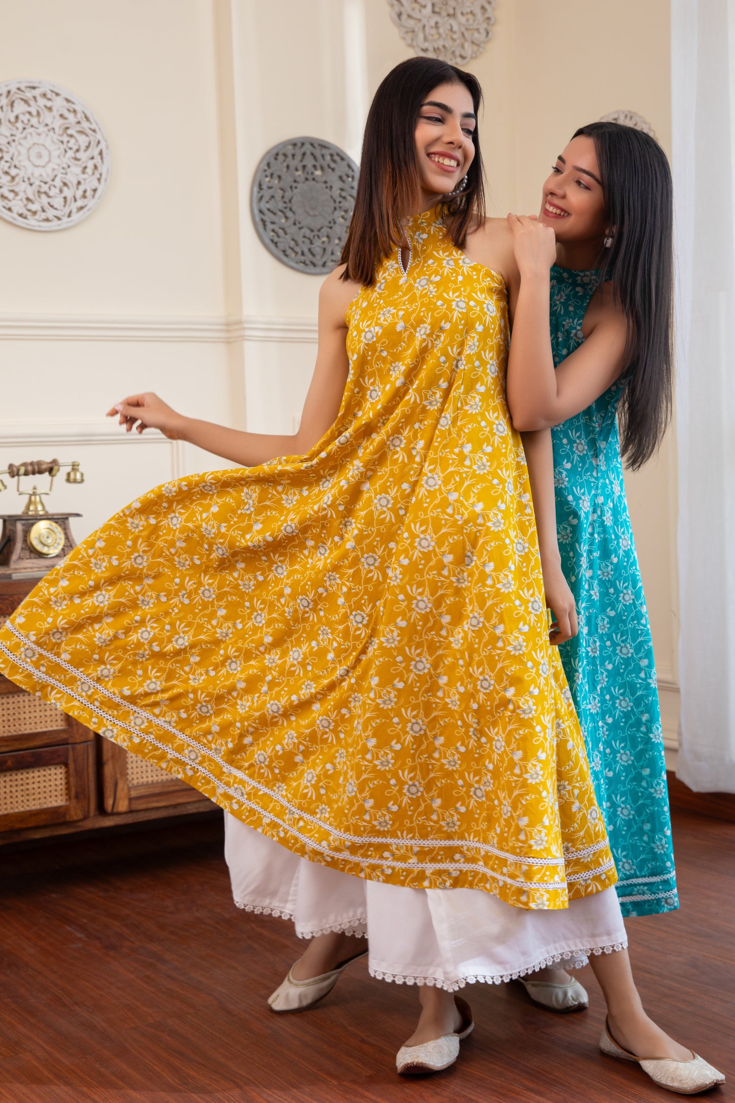 Halter Neck Yellow Cotton Kurta with Palazzo (Set of 2)
