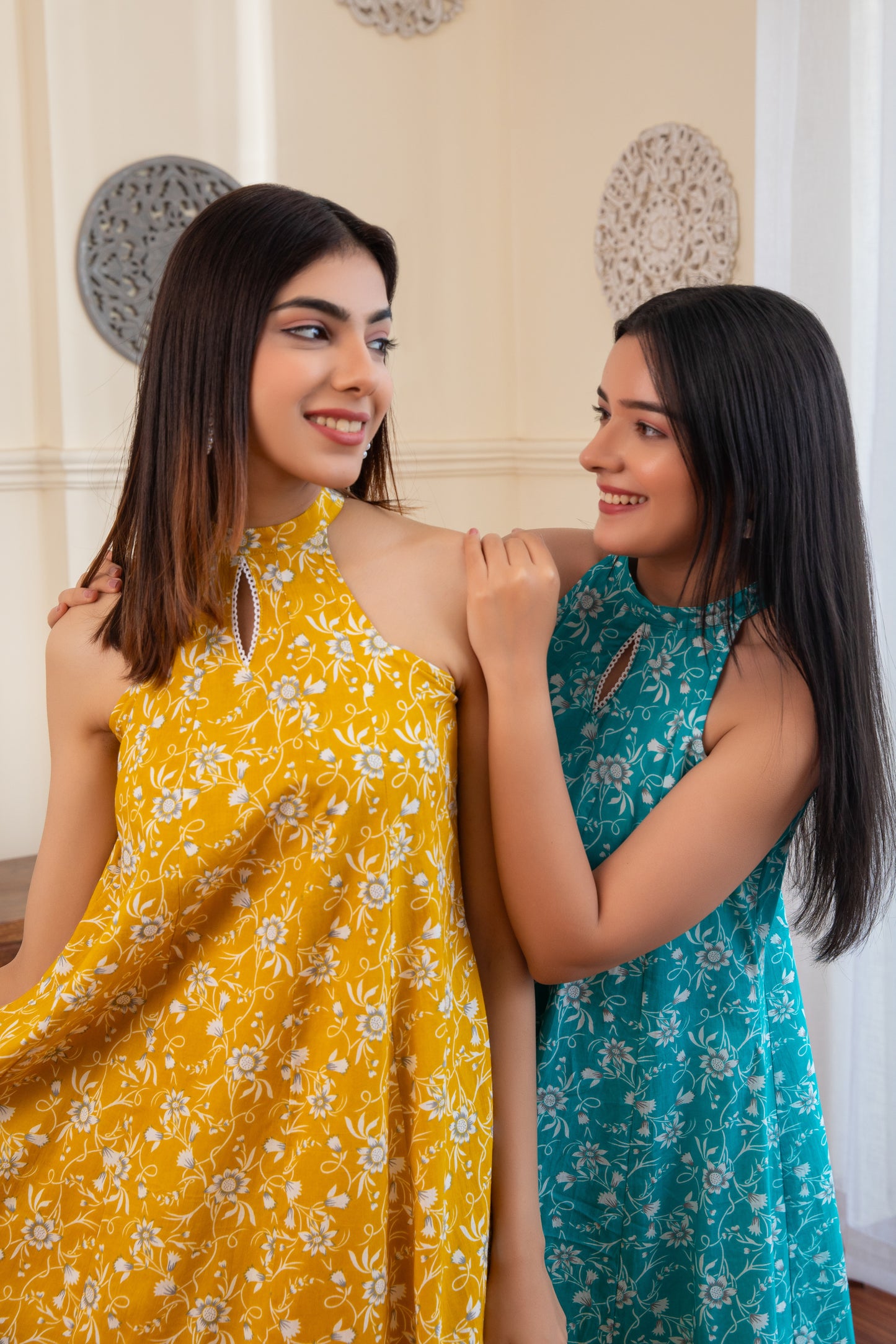 Halter Neck Yellow Cotton Kurta with Palazzo (Set of 2)