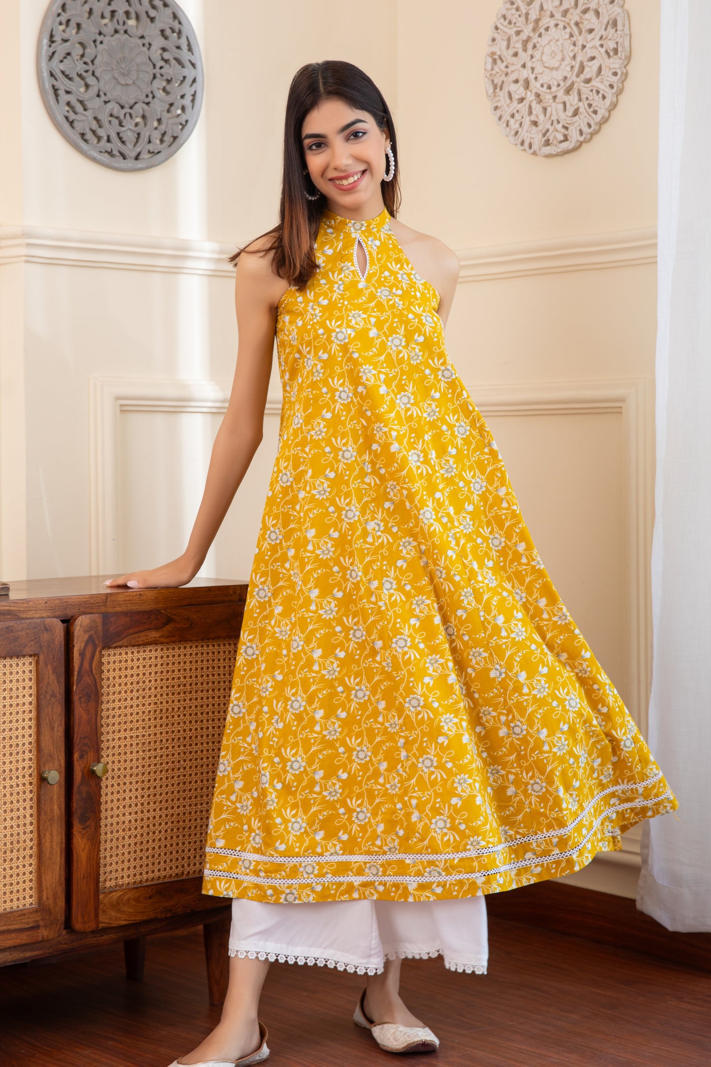 Halter Neck Yellow Cotton Kurta with Palazzo (Set of 2)