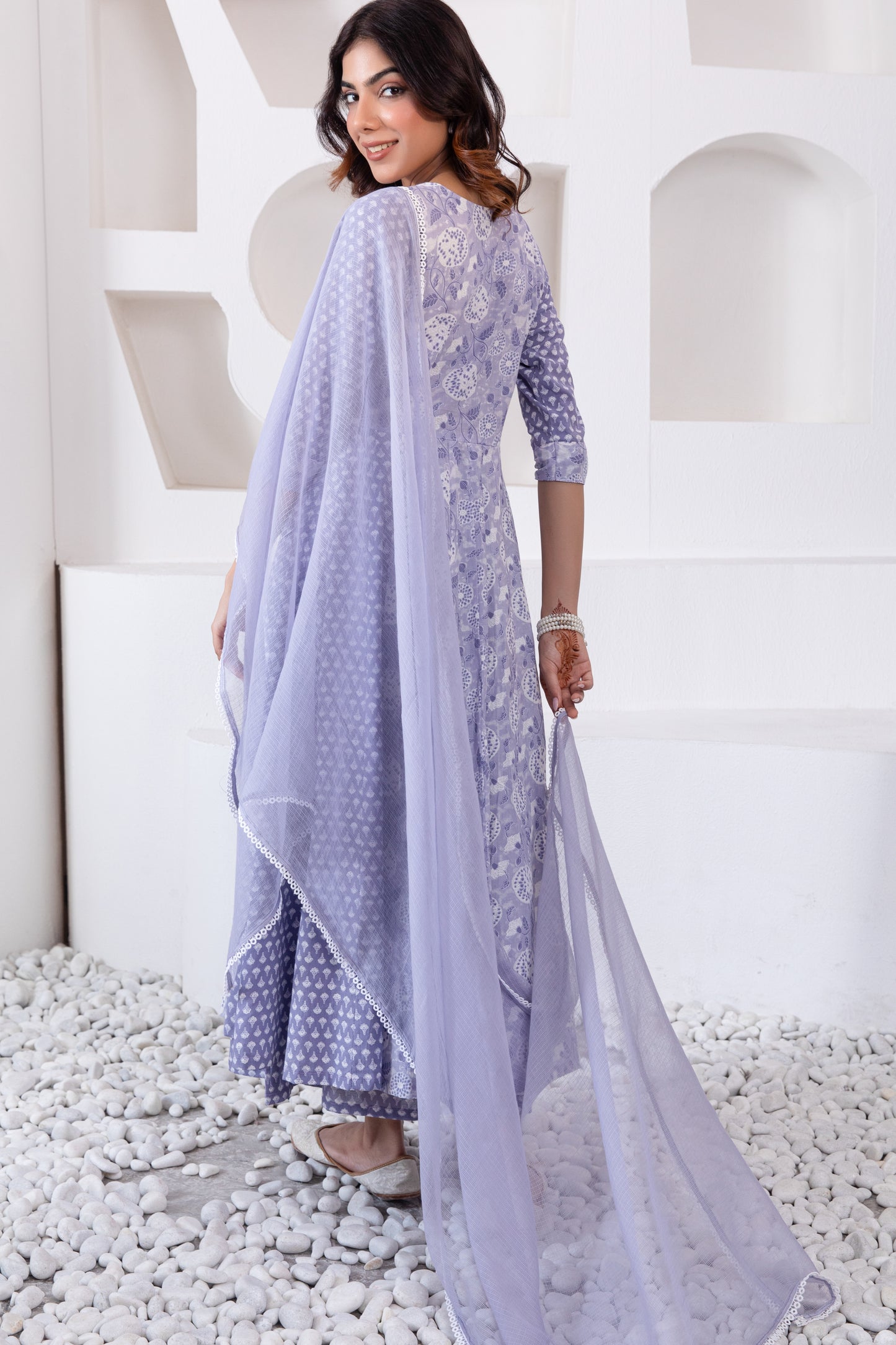 Lavender Cotton Suit with Potli Button Detailing (Set of 3)