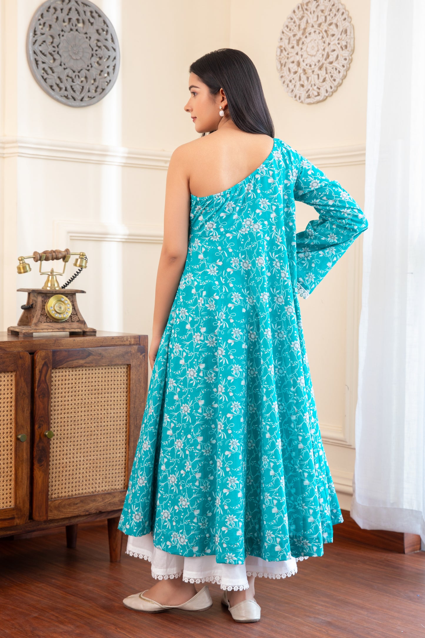 One shoulder Blue Cotton Kurta with Palazzo (Set of 2)