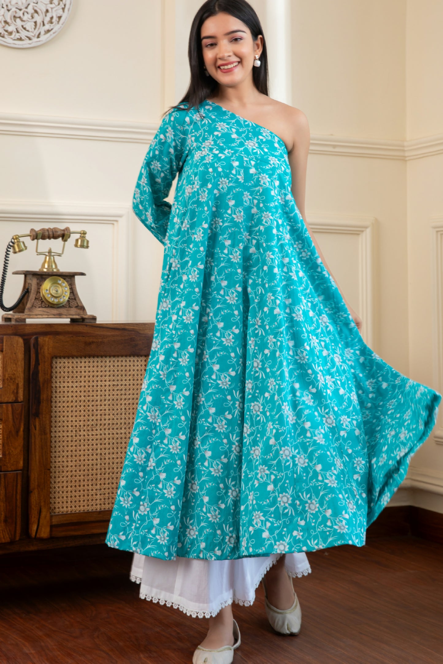 One shoulder Blue Cotton Kurta with Palazzo (Set of 2)