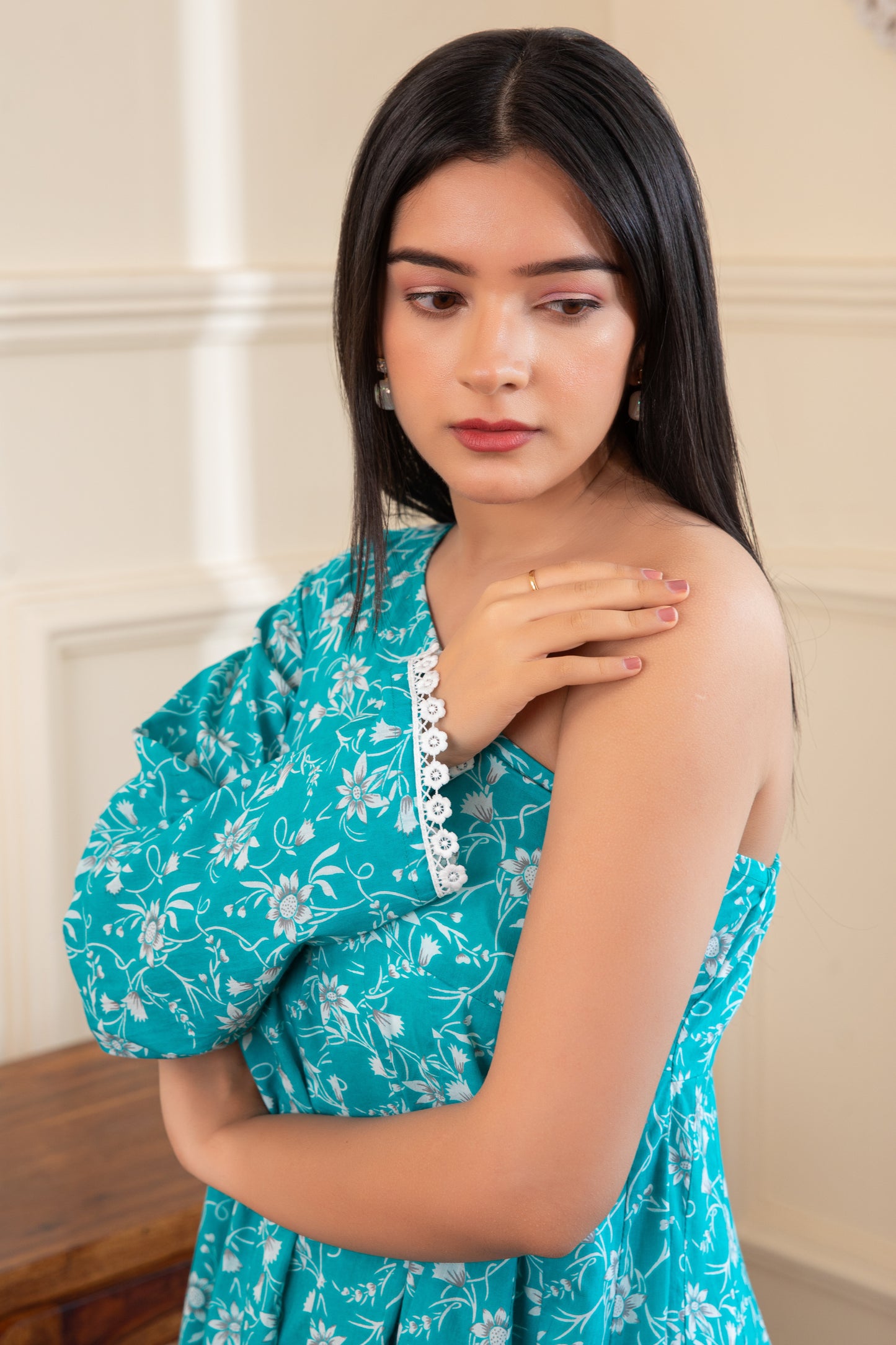 One shoulder Blue Cotton Kurta with Palazzo (Set of 2)