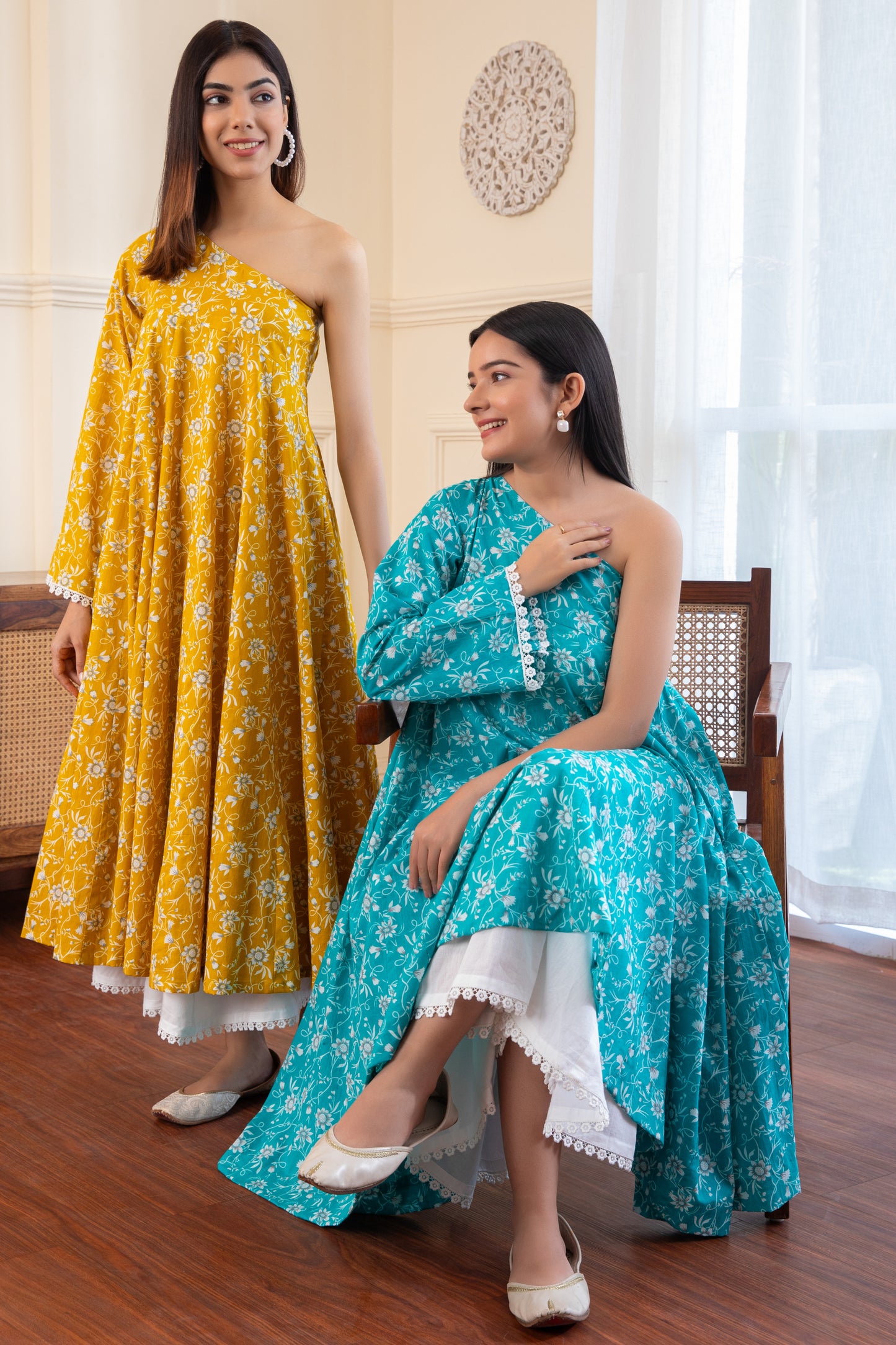 One shoulder Blue Cotton Kurta with Palazzo (Set of 2)