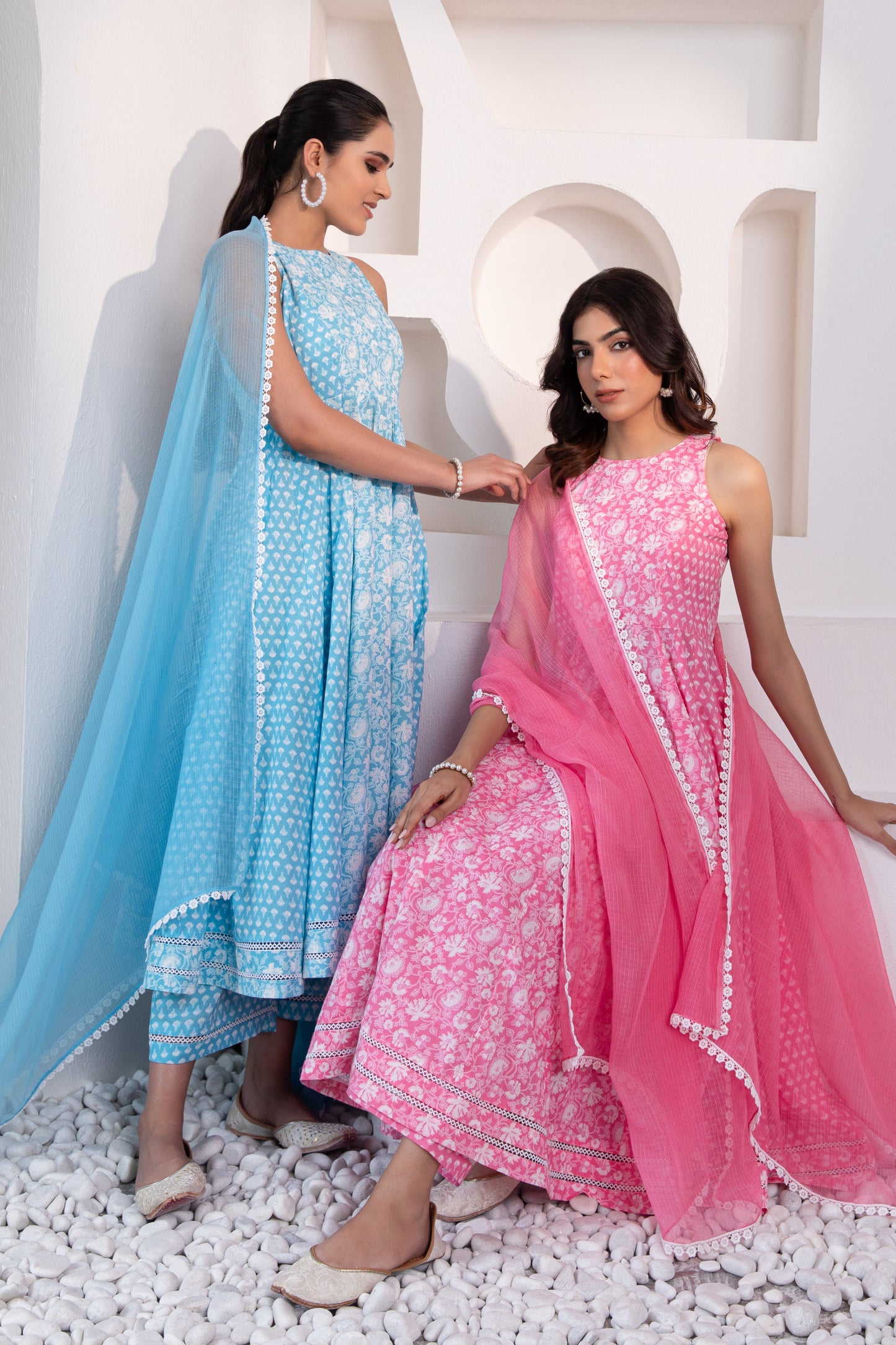 Blue Halter Neck Printed Cotton Suit (Set of 3)