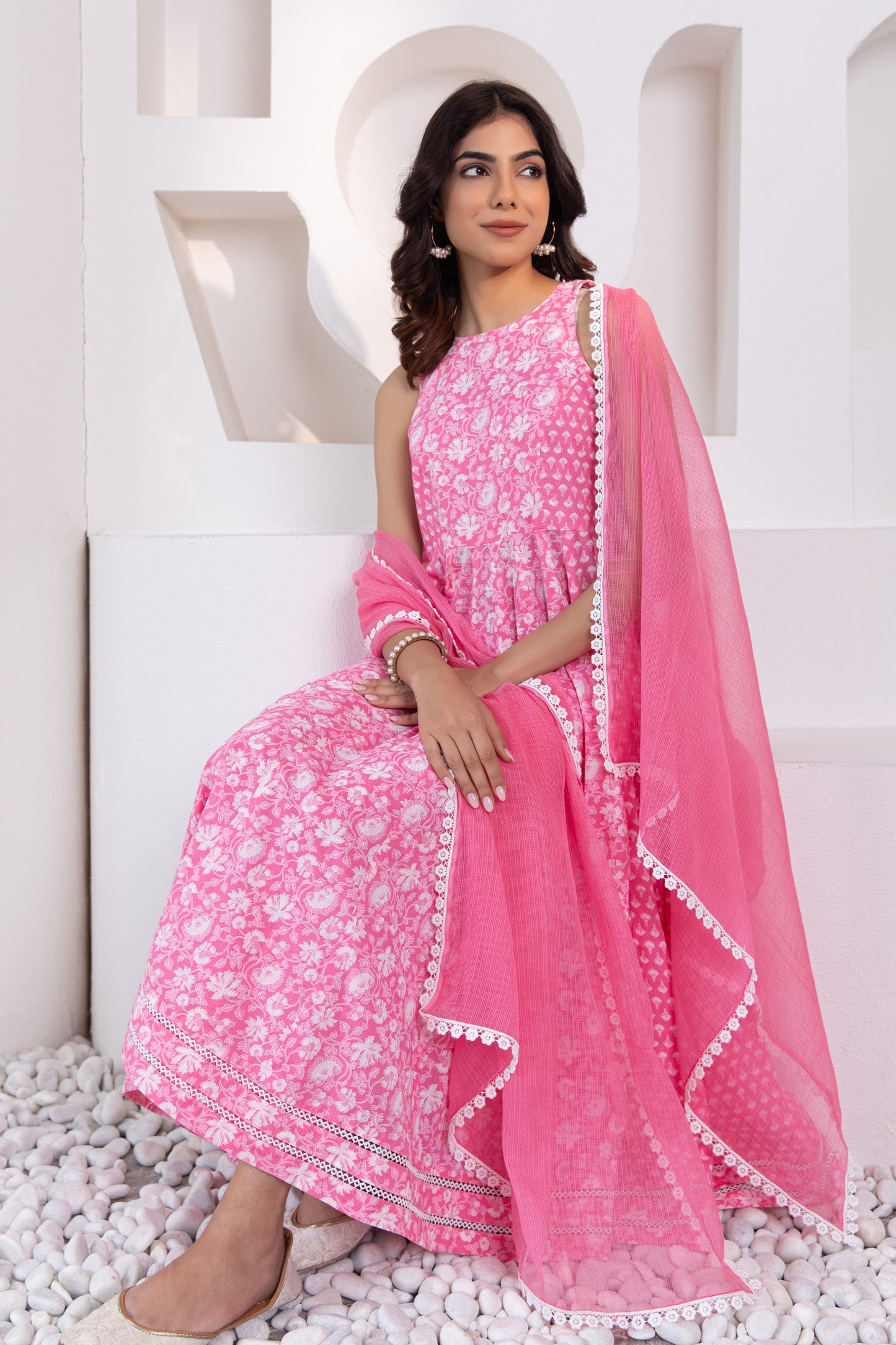 Pink Halter Neck Printed Cotton Suit (Set of 3)