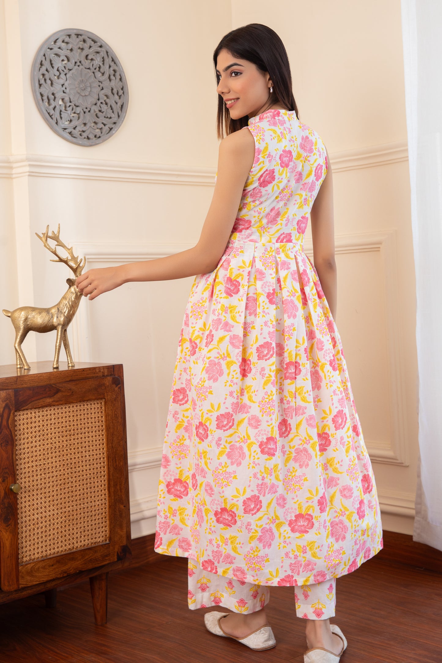 White & Pink Box Pleated Kurta with Palazzo (Set of 2)