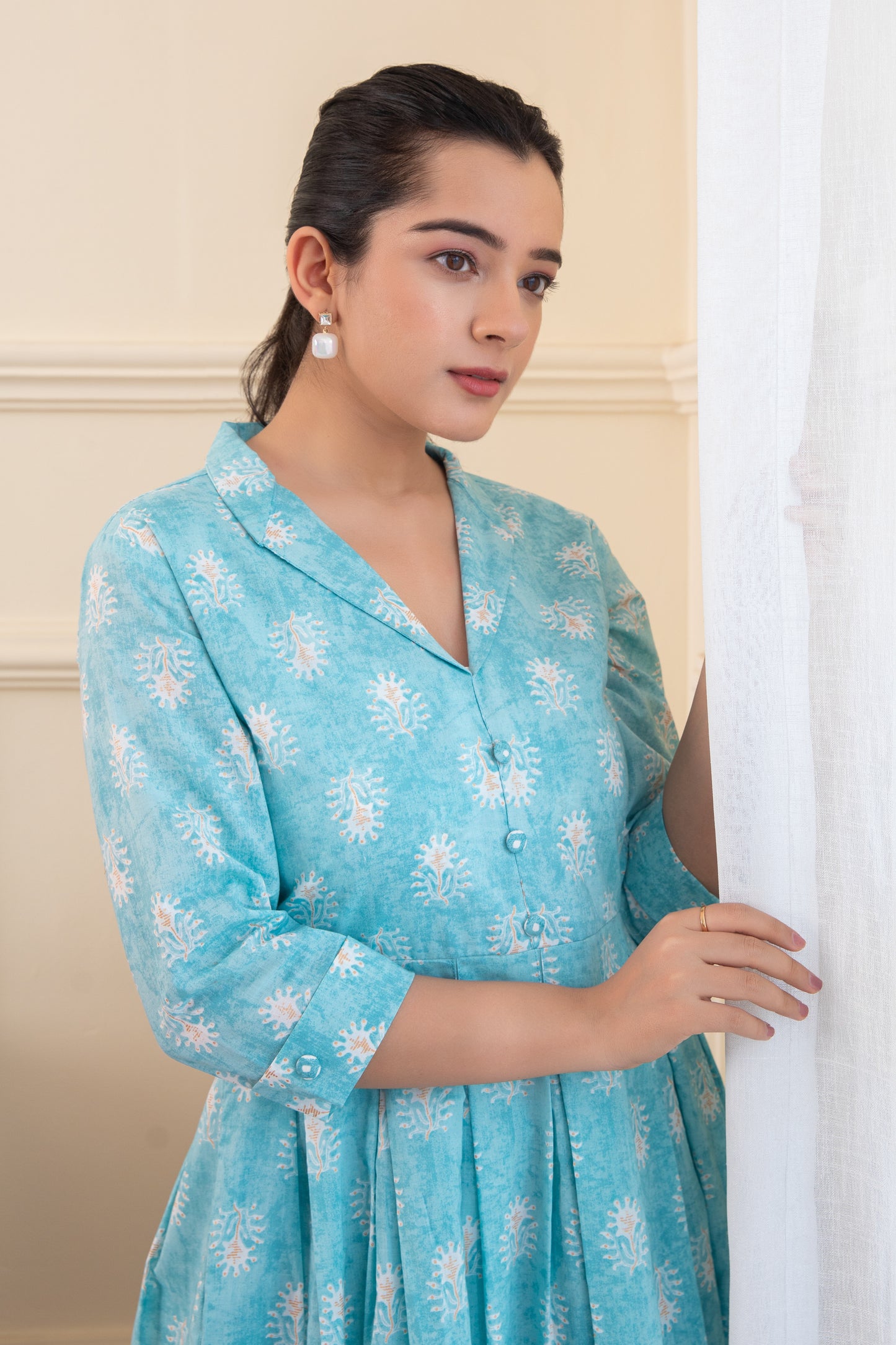 Sky Blue Box Pleated Kurta with Palazzo (Set of 2)
