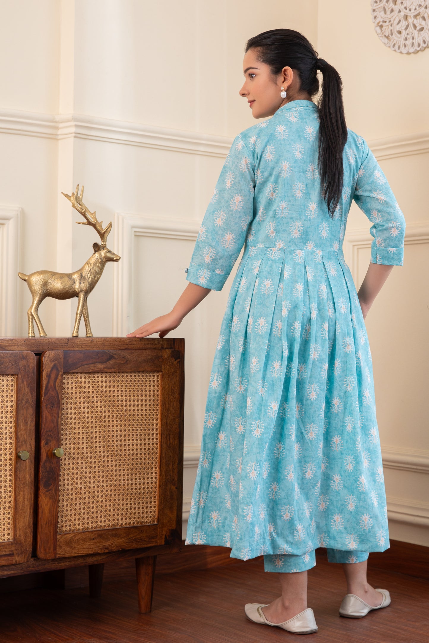 Sky Blue Box Pleated Kurta with Palazzo (Set of 2)