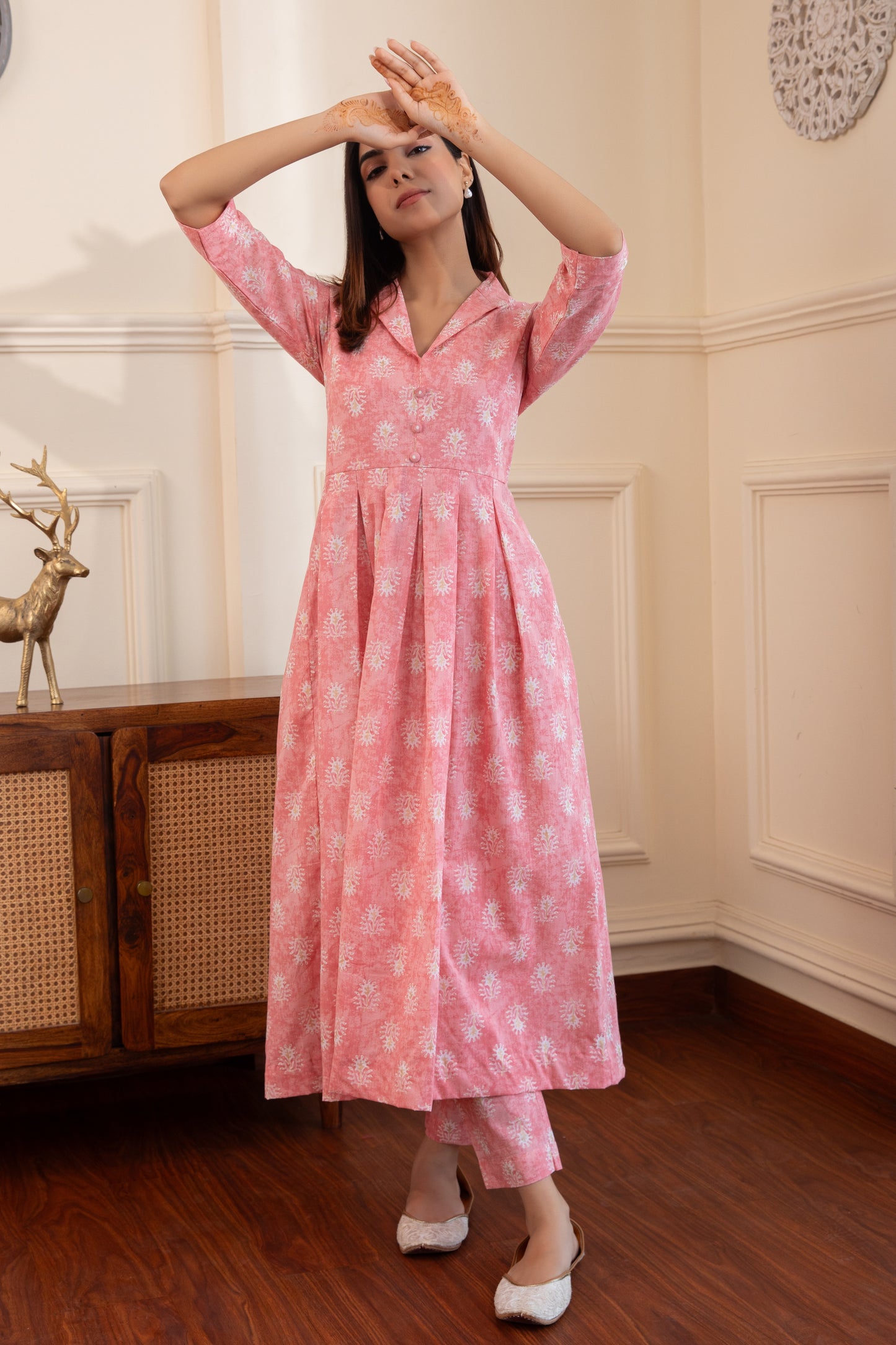 Pastel Pink Box Pleated Kurta with Palazzo (Set of 2)