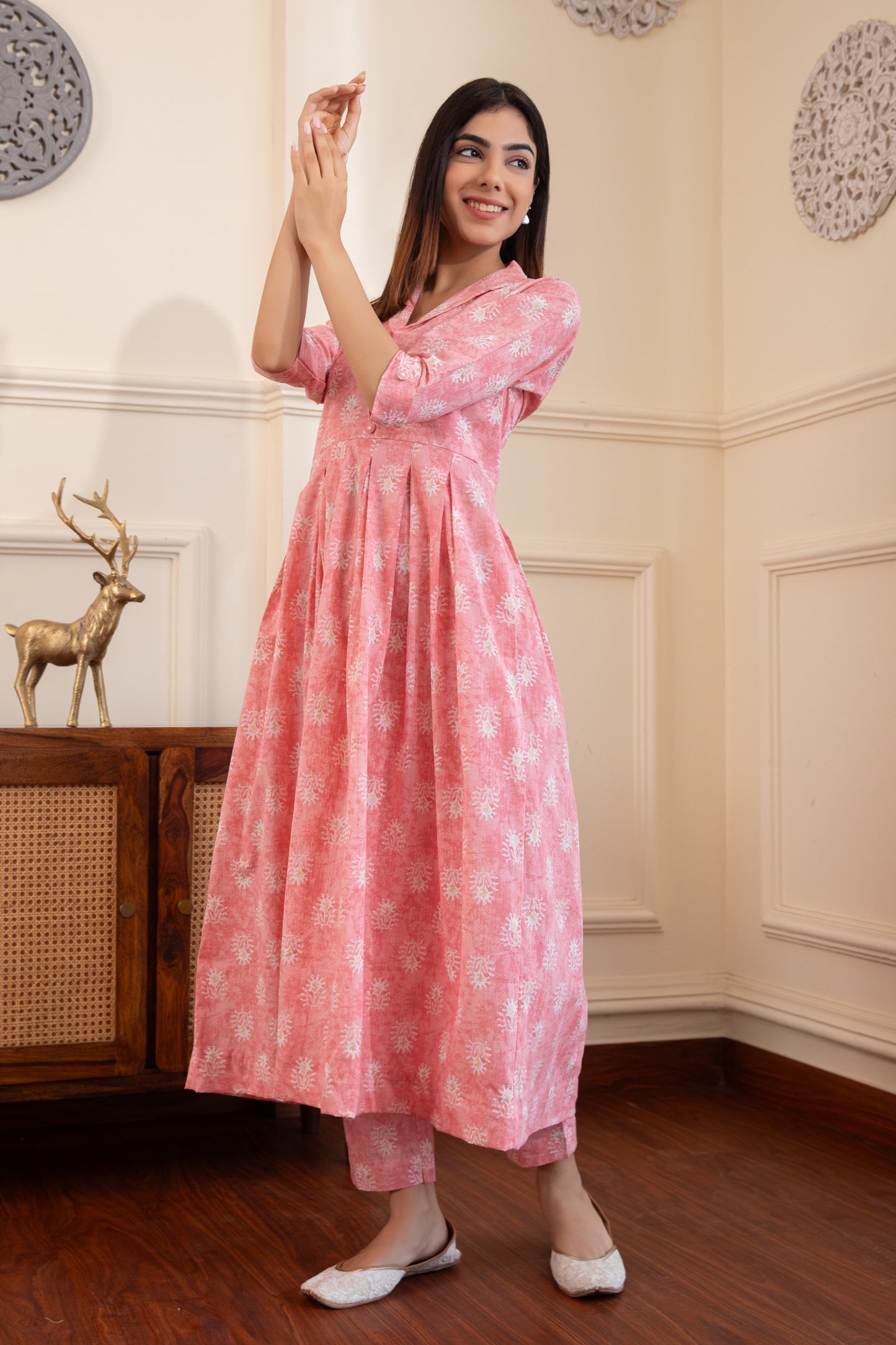 Pastel Pink Box Pleated Kurta with Palazzo (Set of 2)