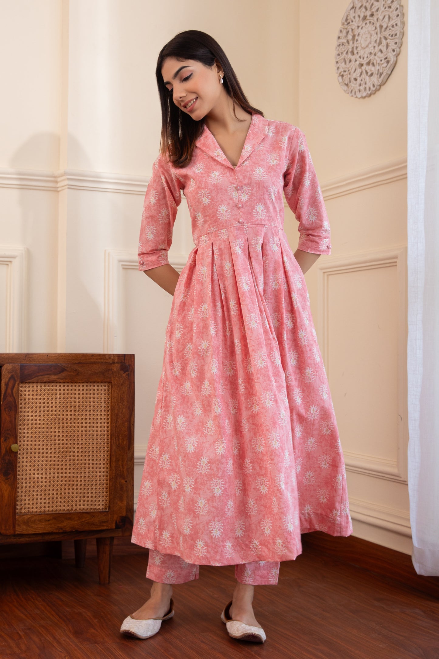 Pastel Pink Box Pleated Kurta with Palazzo (Set of 2)