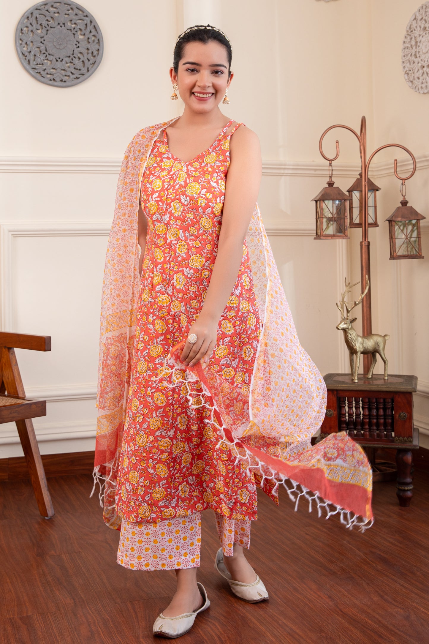 Orange Handblock Printed Suit (Set of 3)
