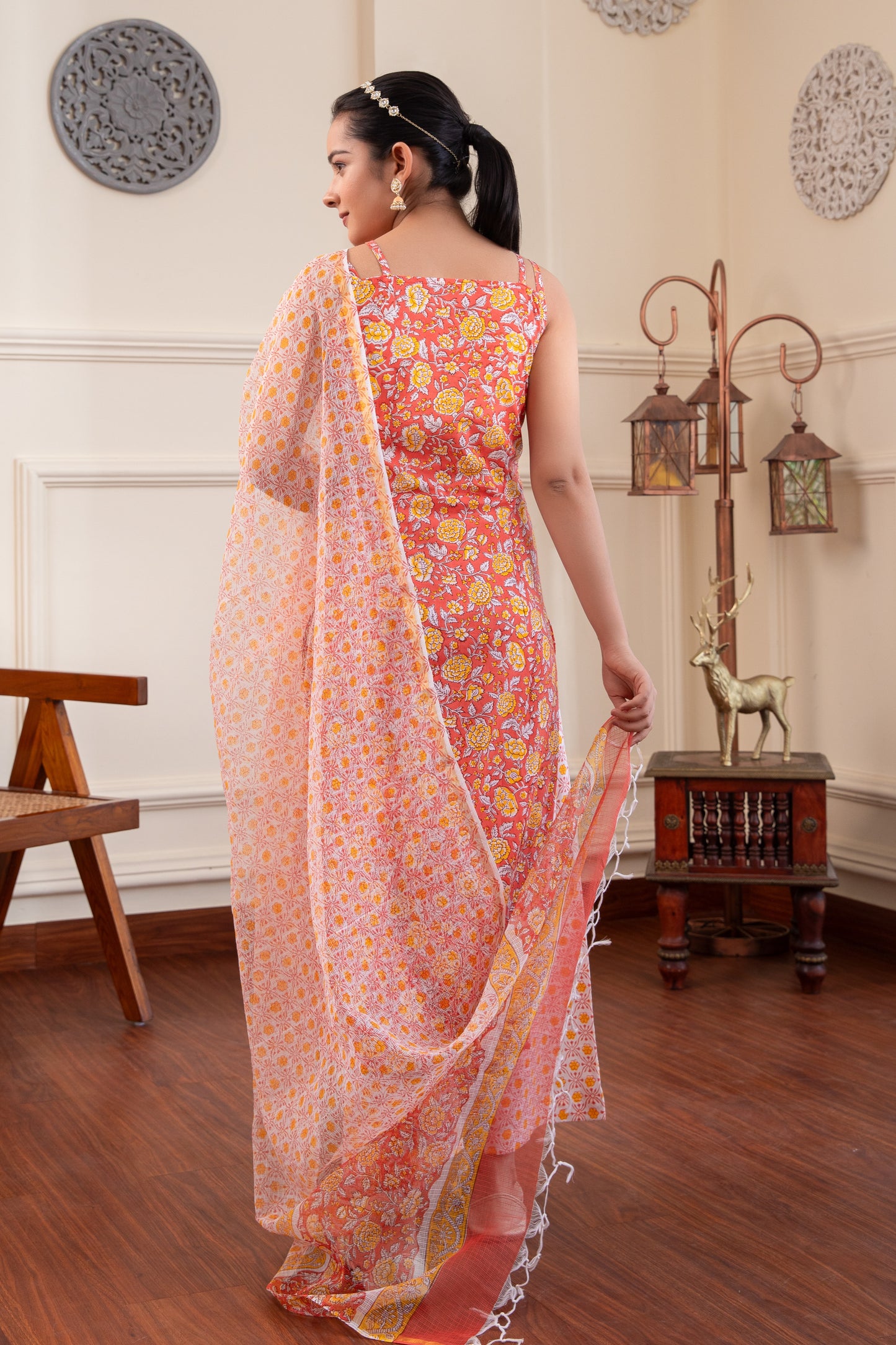 Orange Handblock Printed Suit (Set of 3)