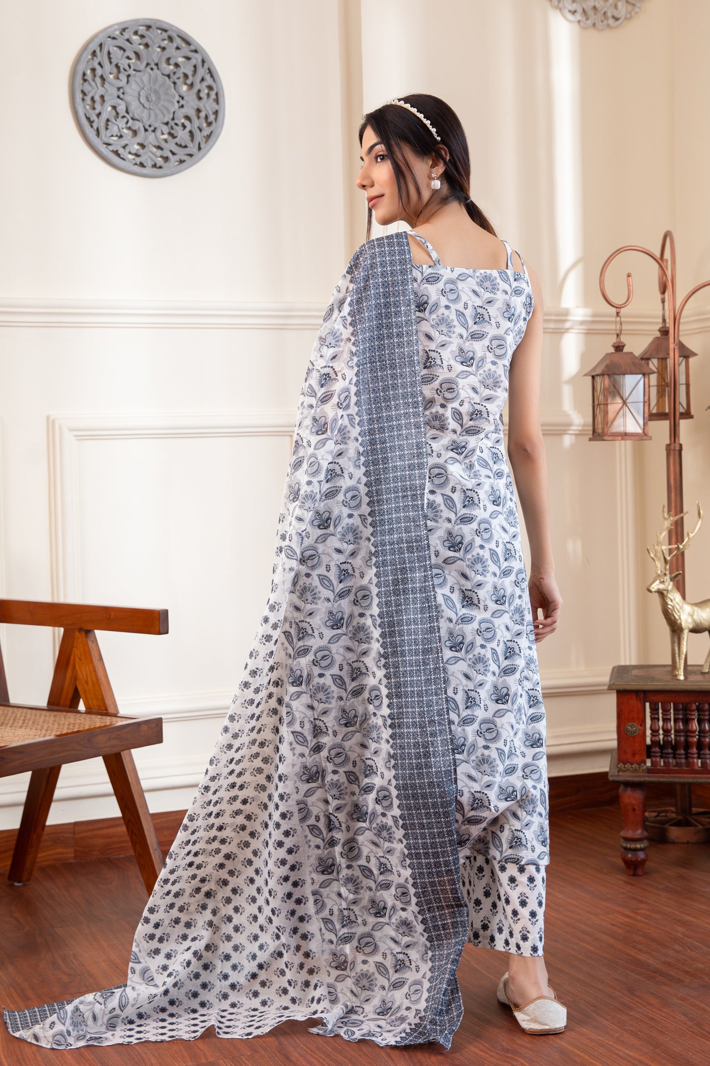White & Black Noodle Strap Kurta & Palazzo (Set of 3)