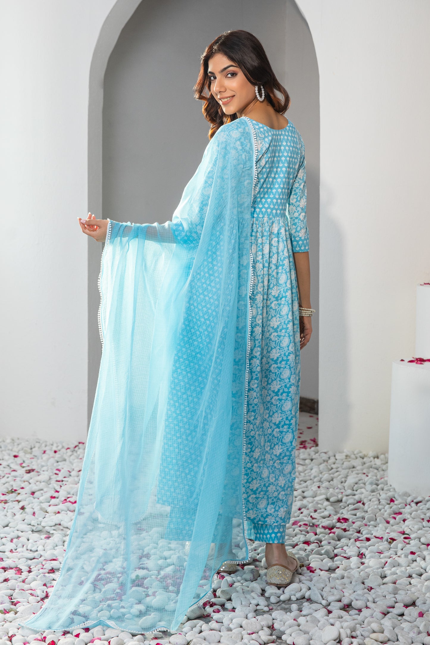 Blue Gathered Printed Cotton Suit (Set of 3)