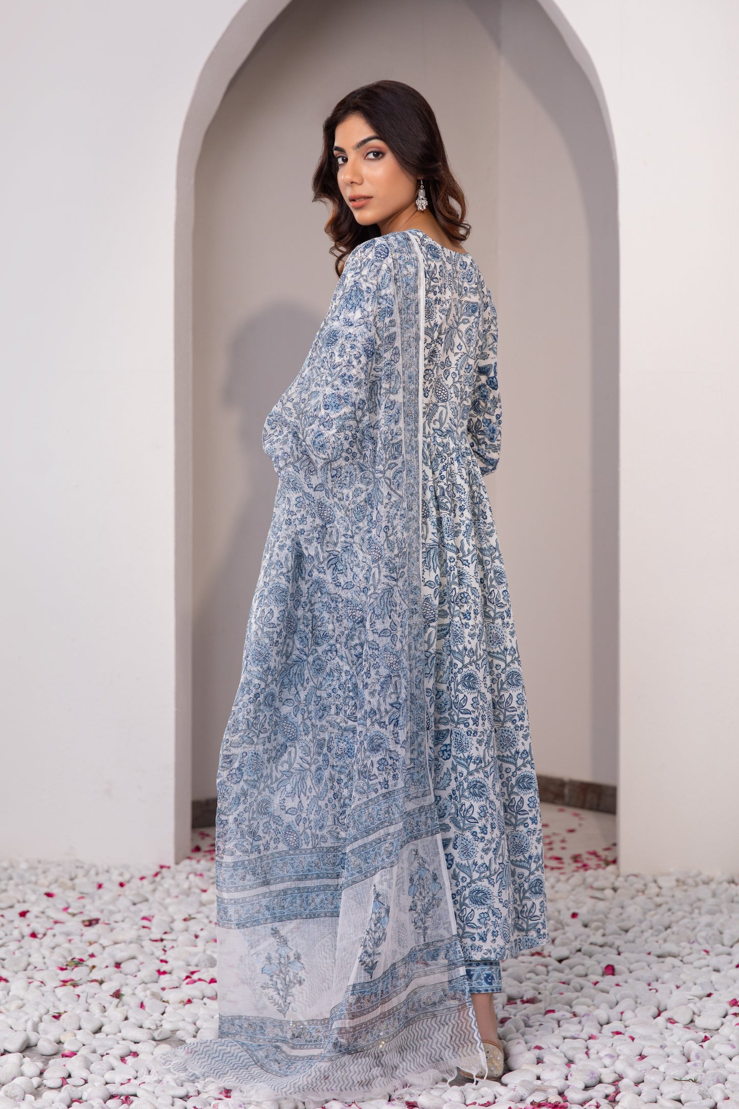 Blue & White Hand Block Printed Suit (Set of 3)