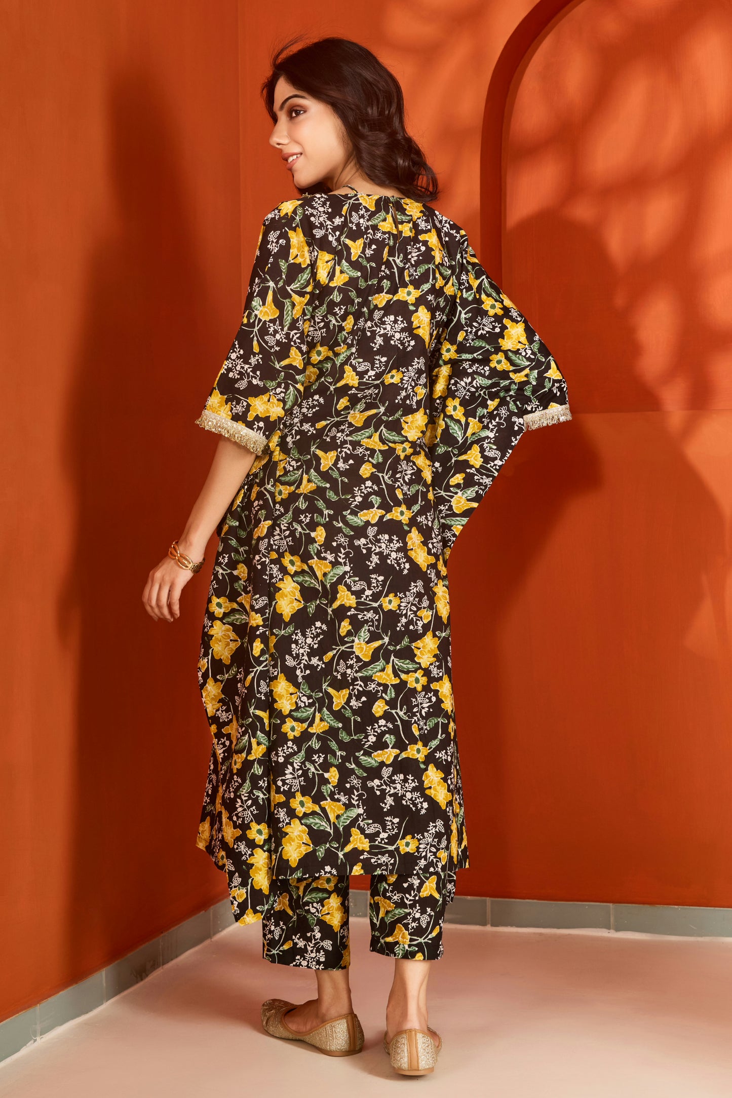 Black Cotton Printed Kaftan with Pants (Set of 2)