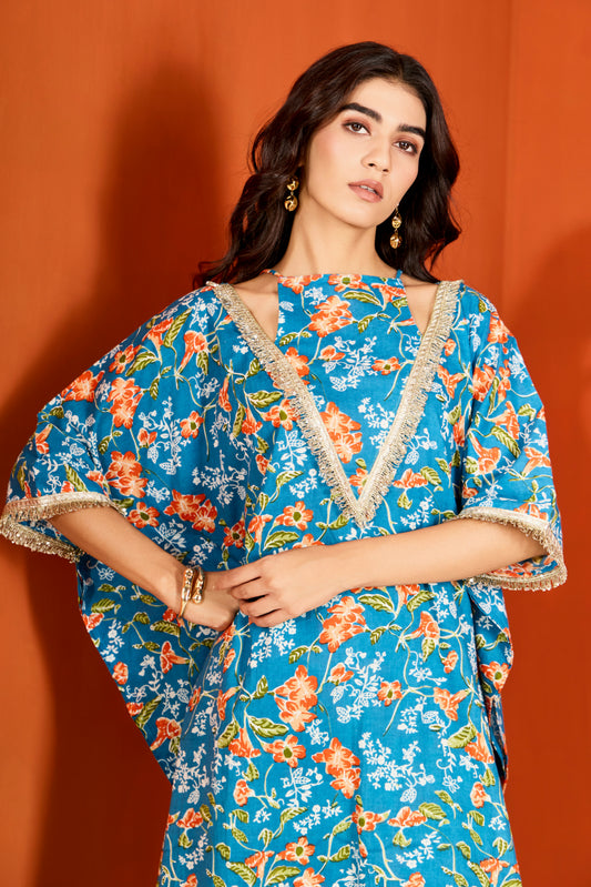 Blue Cotton Printed Kaftan with Pants (Set of 2)
