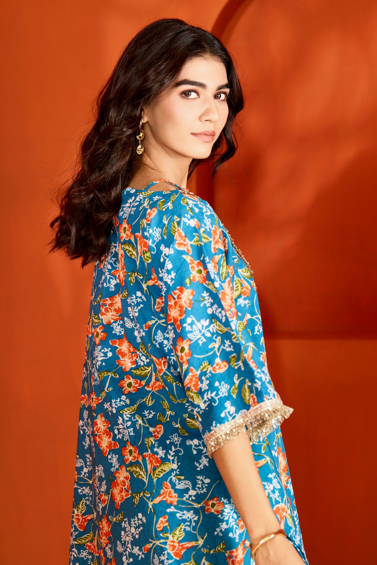 Blue Cotton Printed Kaftan with Pants (Set of 2)