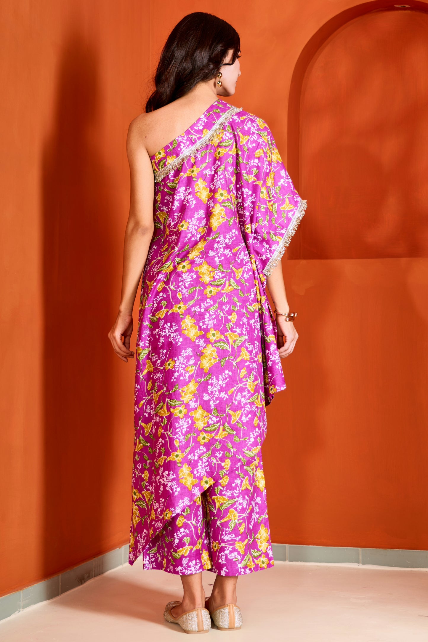 One Shoulder Purple Cotton Kurta with Palazzo (Set of 2)