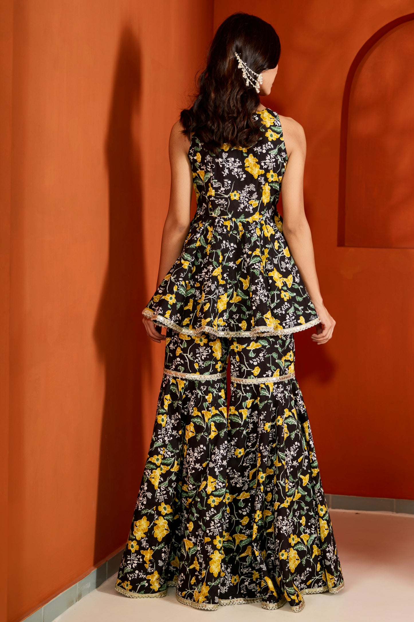 Black Cotton Printed Sharara (Set of 3)