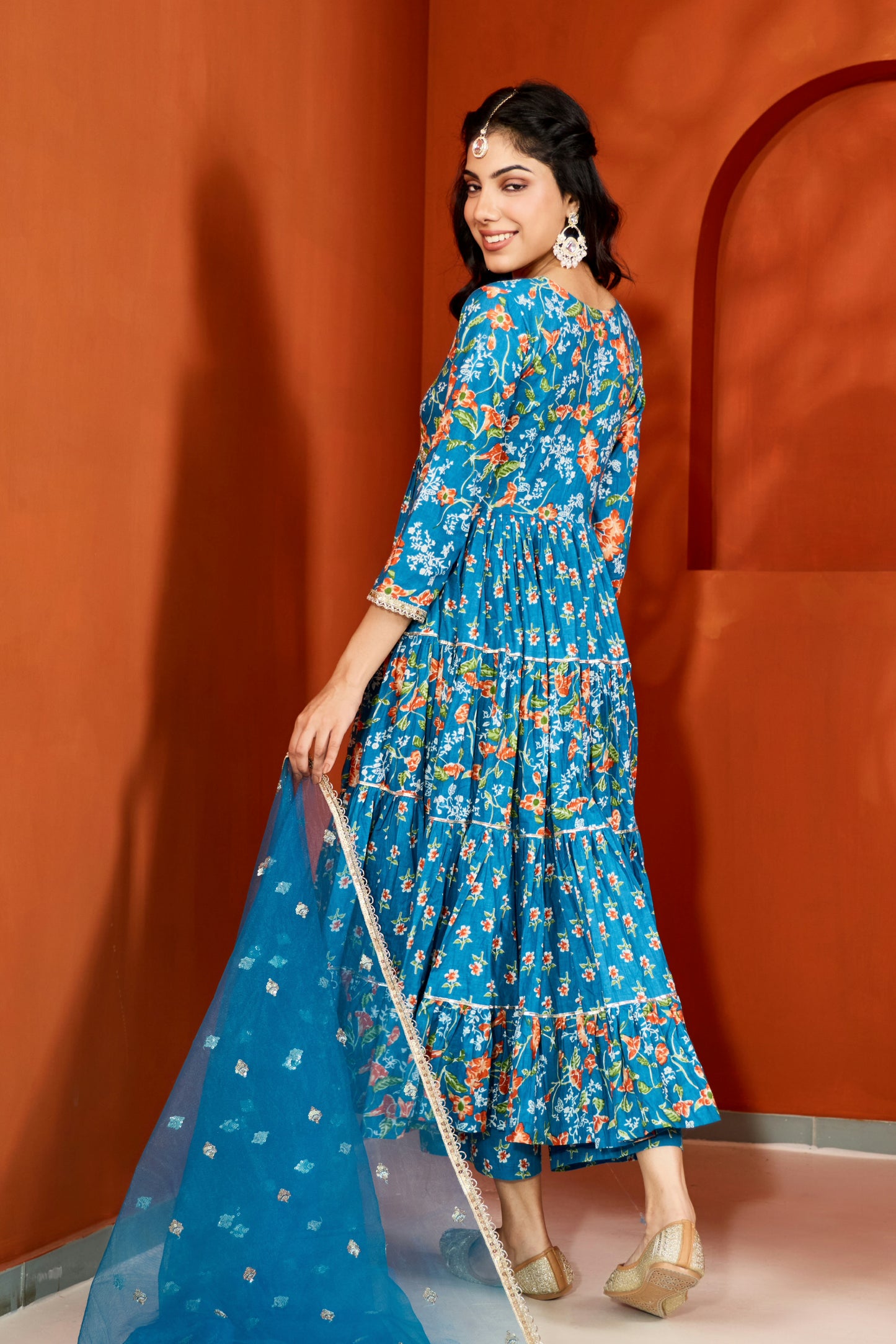 Blue V-Neck Tiered Anarkali Suit (Set of 3)