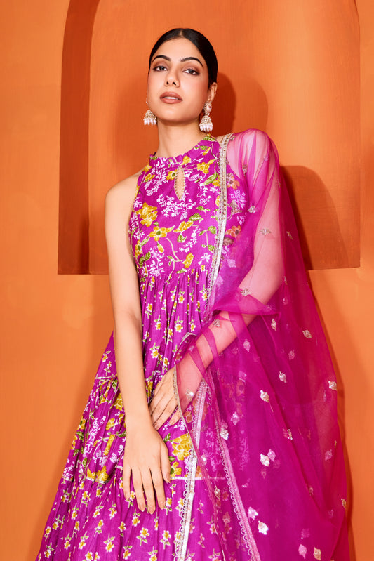 Purple Halter Neck Tiered Anarkali Suit (Set of 3)