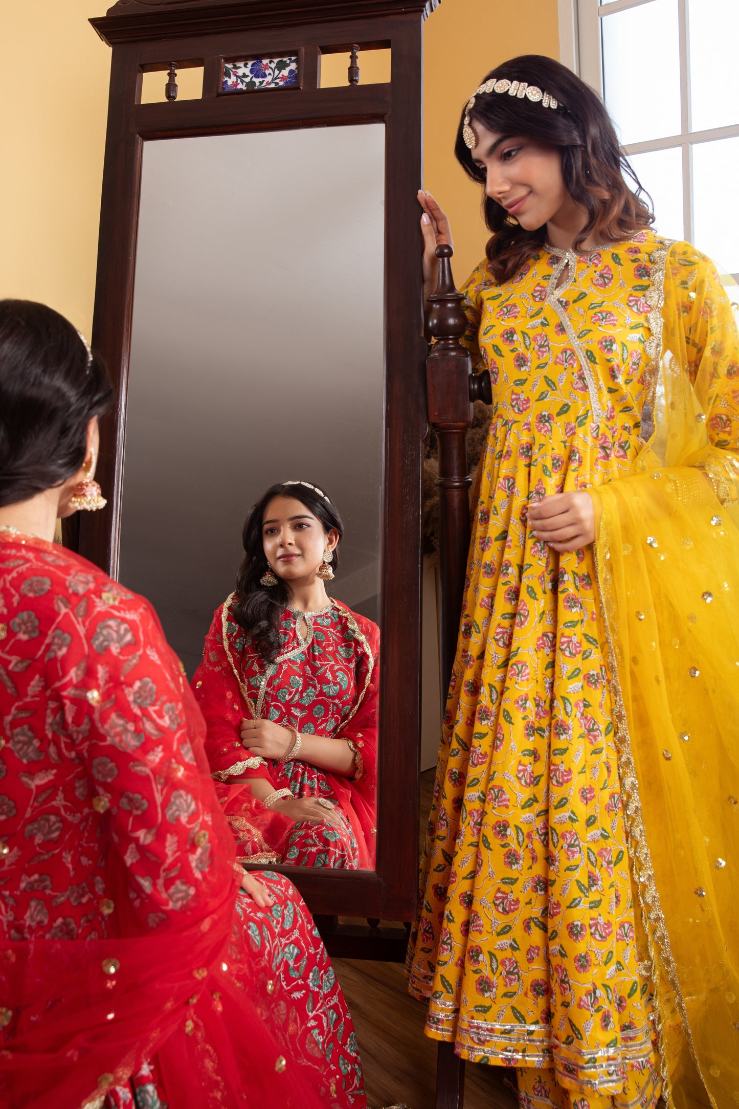 Yellow Angrakha Cotton Printed Suit (Set of 3)