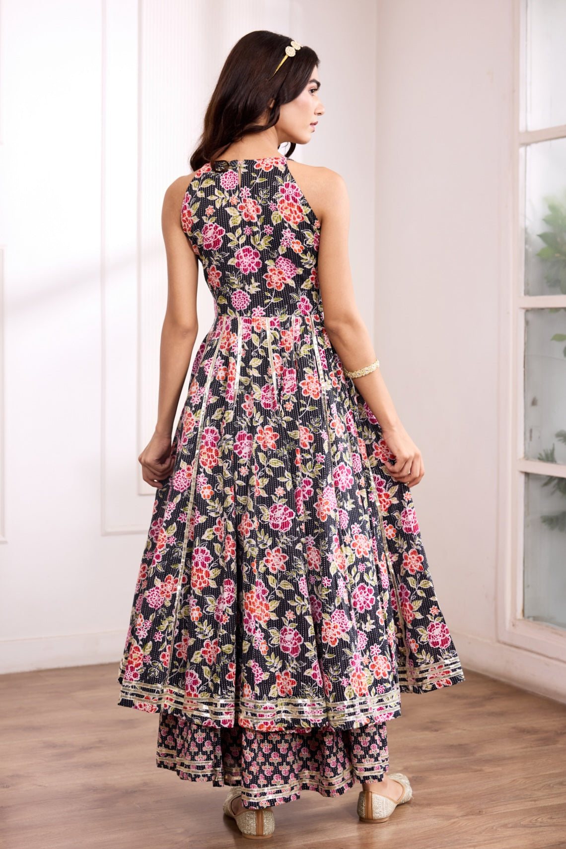 Black Kantha Cotton Anarkali Suit (Set of 3)